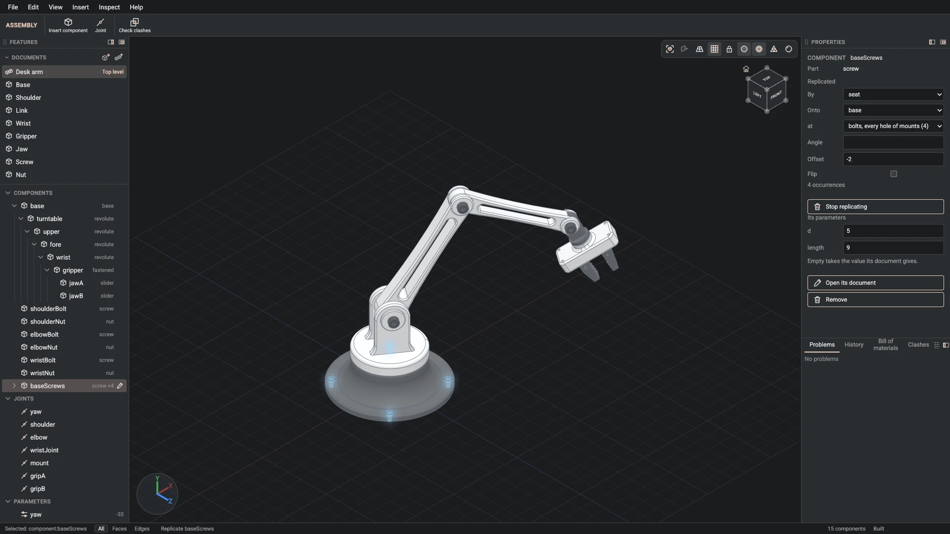 Model a desk robot arm, step 161: Replicate made, and what it made selected in the panels