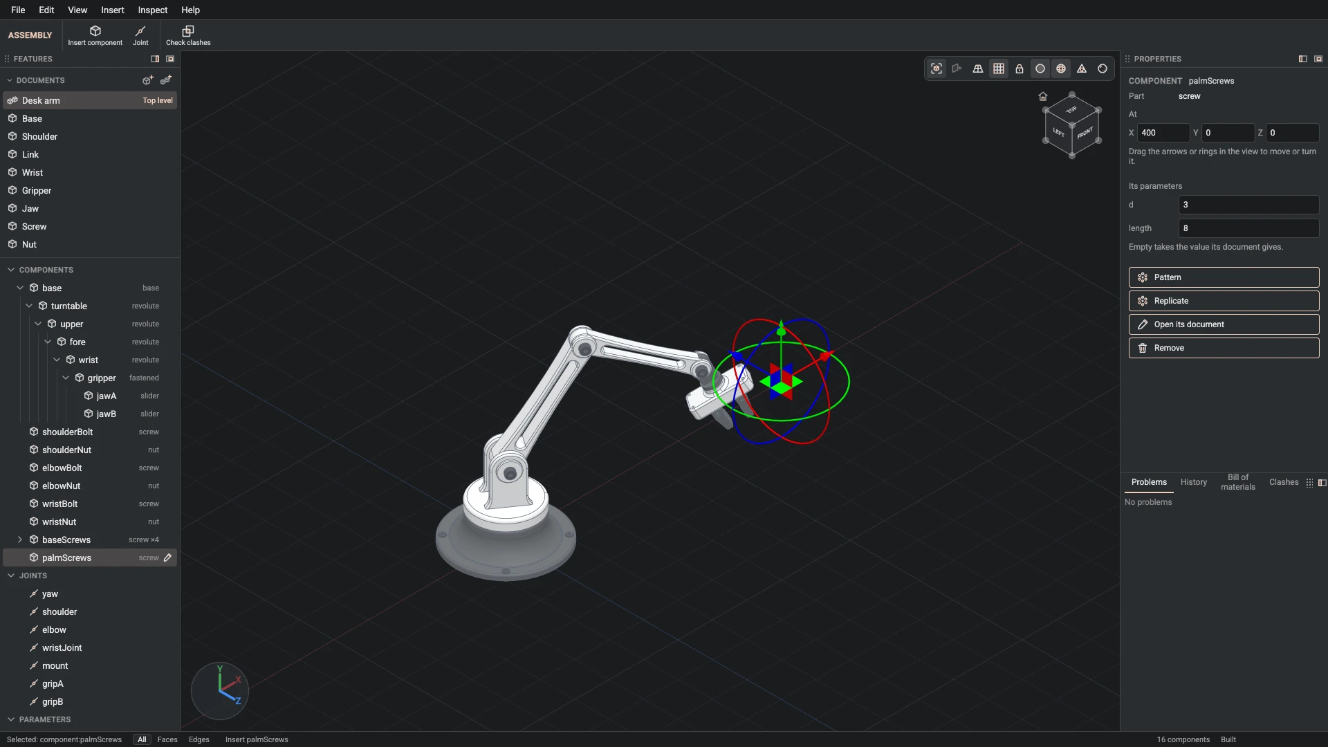 Model a desk robot arm, step 162: Insert component made, and what it made selected in the panels