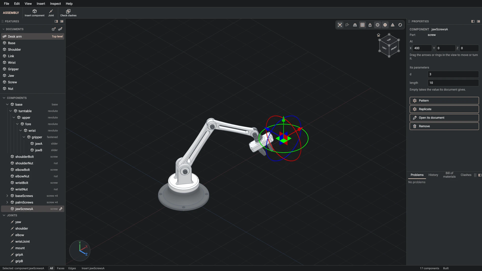Model a desk robot arm, step 164: Insert component made, and what it made selected in the panels