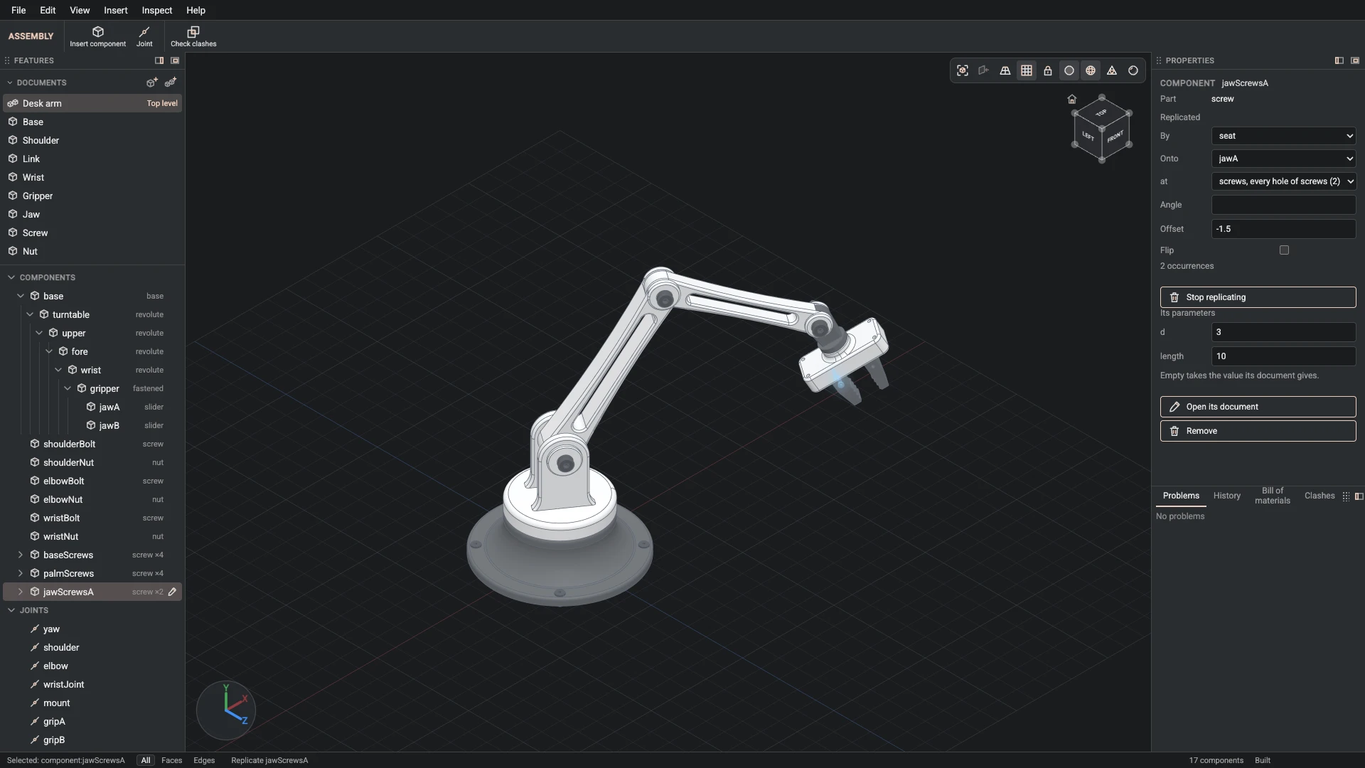 Model a desk robot arm, step 165: Replicate made, and what it made selected in the panels