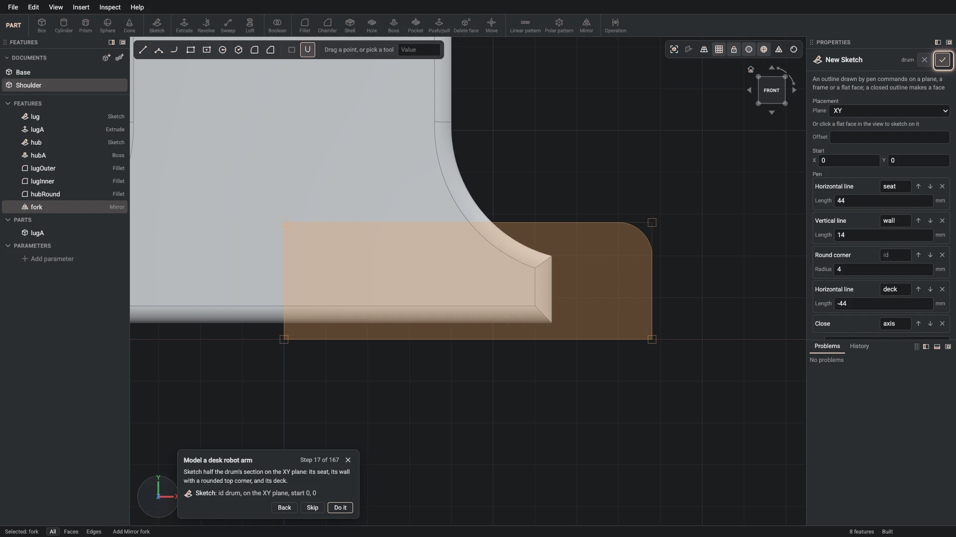 Model a desk robot arm, step 17: the Sketch dialog filled in with the step's values, the tutorial card beside it ringing OK