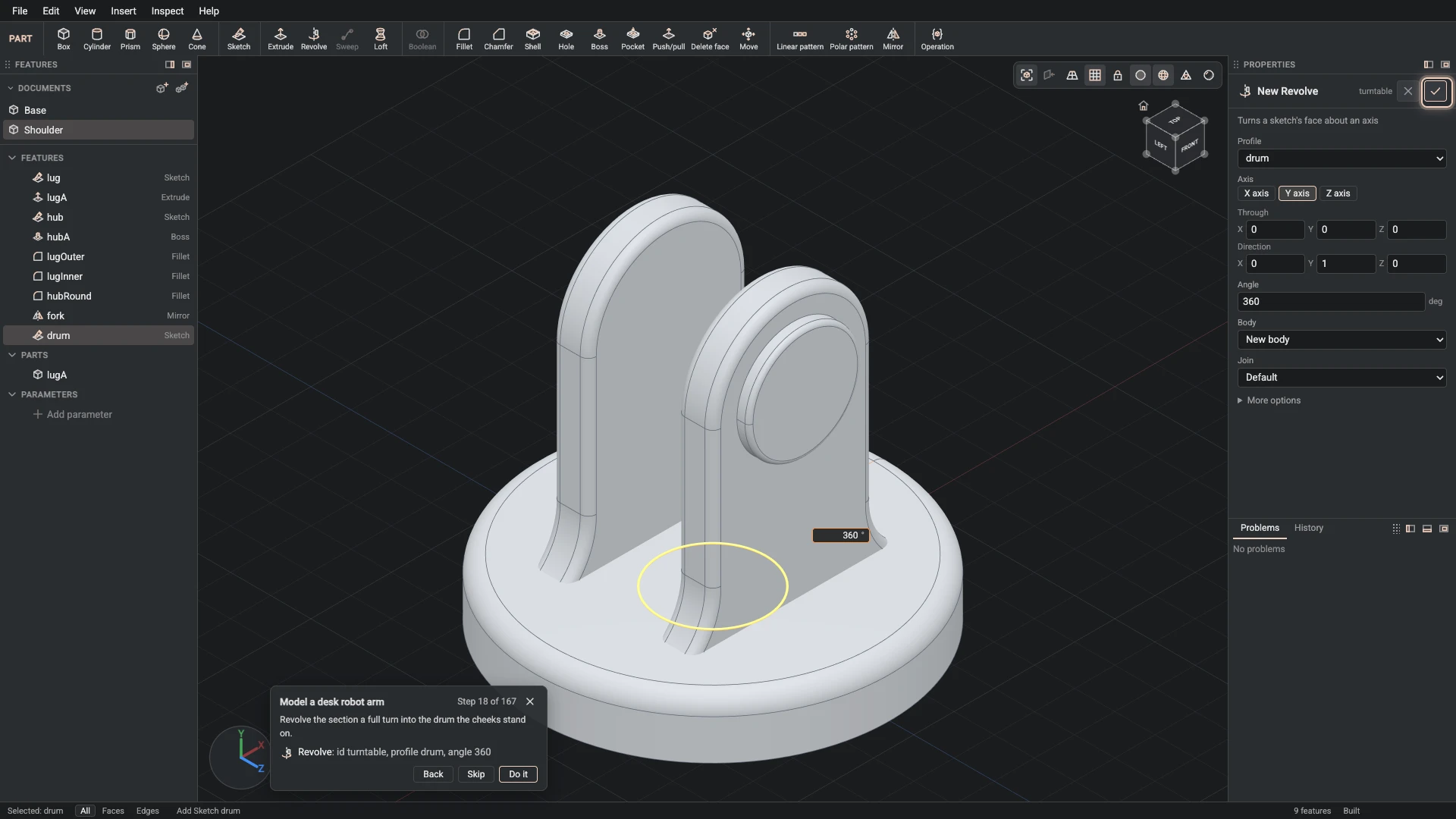 Model a desk robot arm, step 18: the Revolve dialog filled in with the step's values, the tutorial card beside it ringing OK