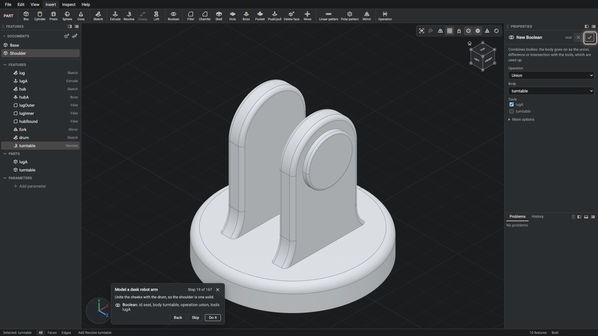 Model a desk robot arm, step 19: the Boolean dialog filled in with the step's values, the tutorial card beside it ringing OK