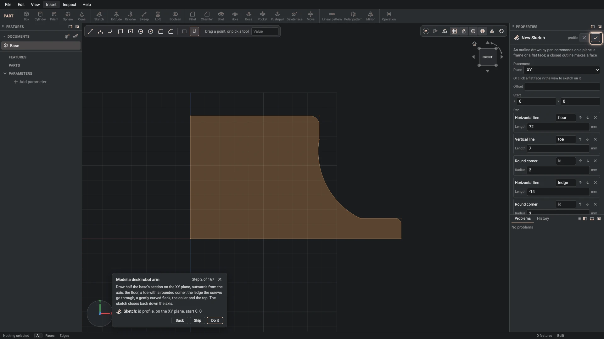 Model a desk robot arm, step 2: the Sketch dialog filled in with the step's values, the tutorial card beside it ringing OK
