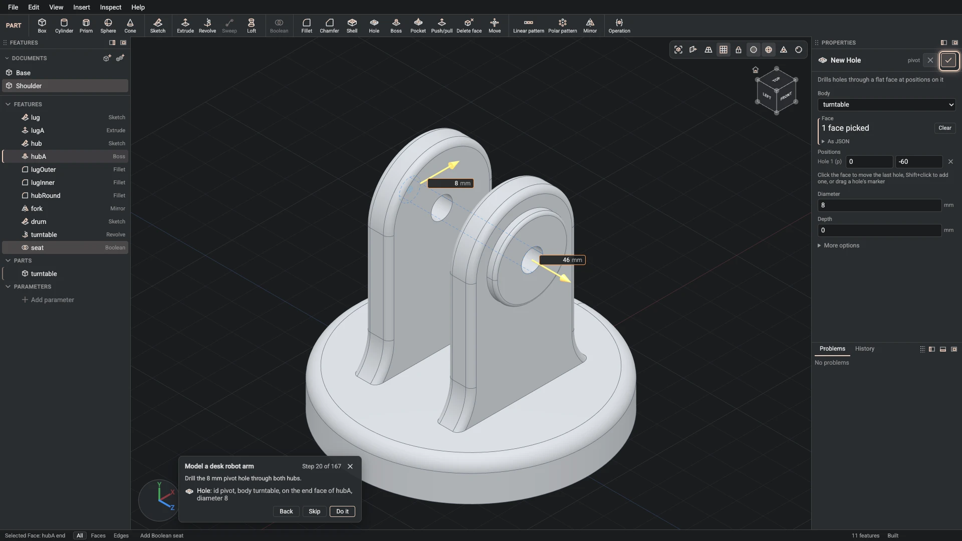 Model a desk robot arm, step 20: the Hole dialog filled in with the step's values, the tutorial card beside it ringing OK