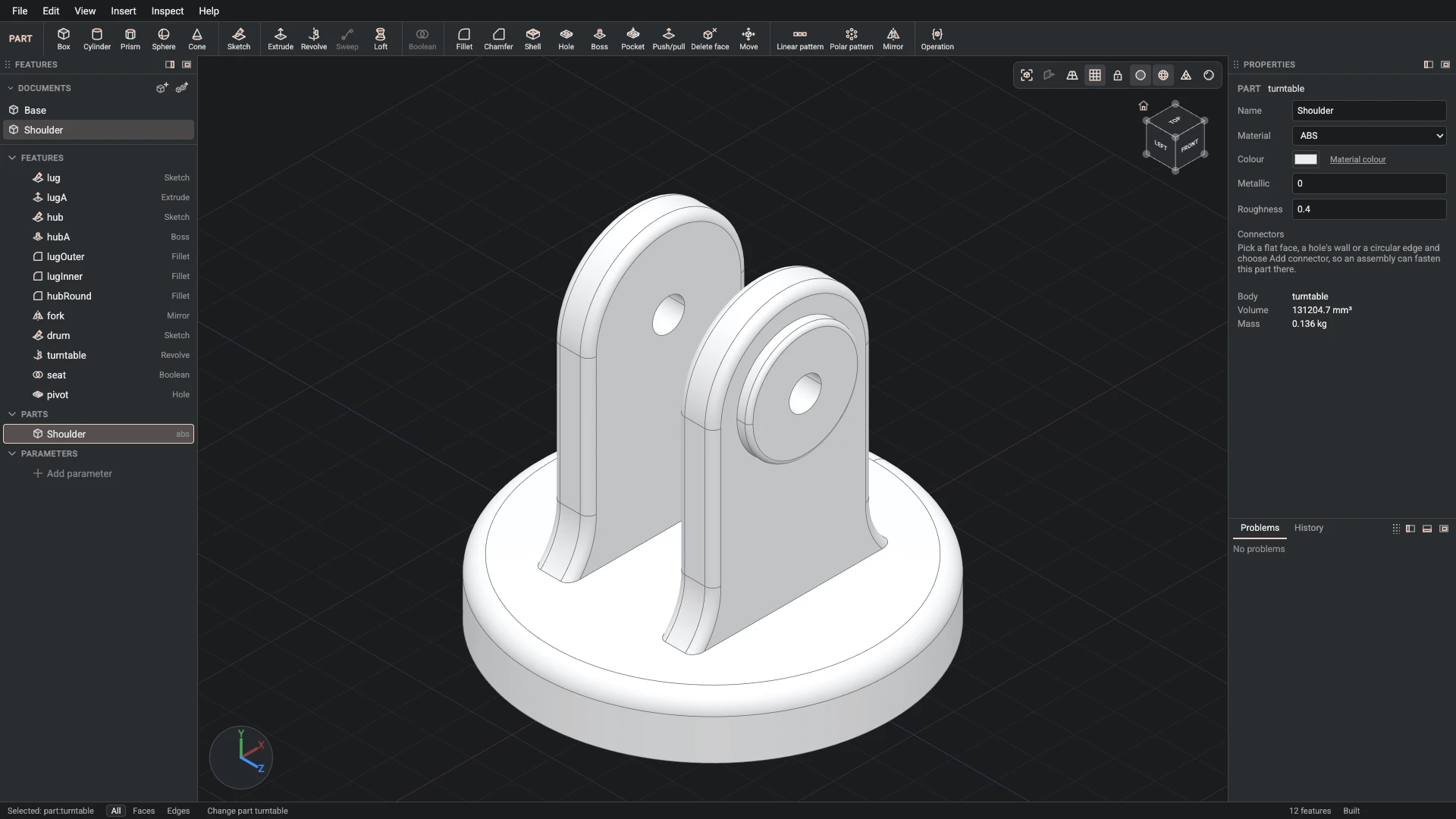 Model a desk robot arm, step 21: Part properties made, and what it made selected in the panels