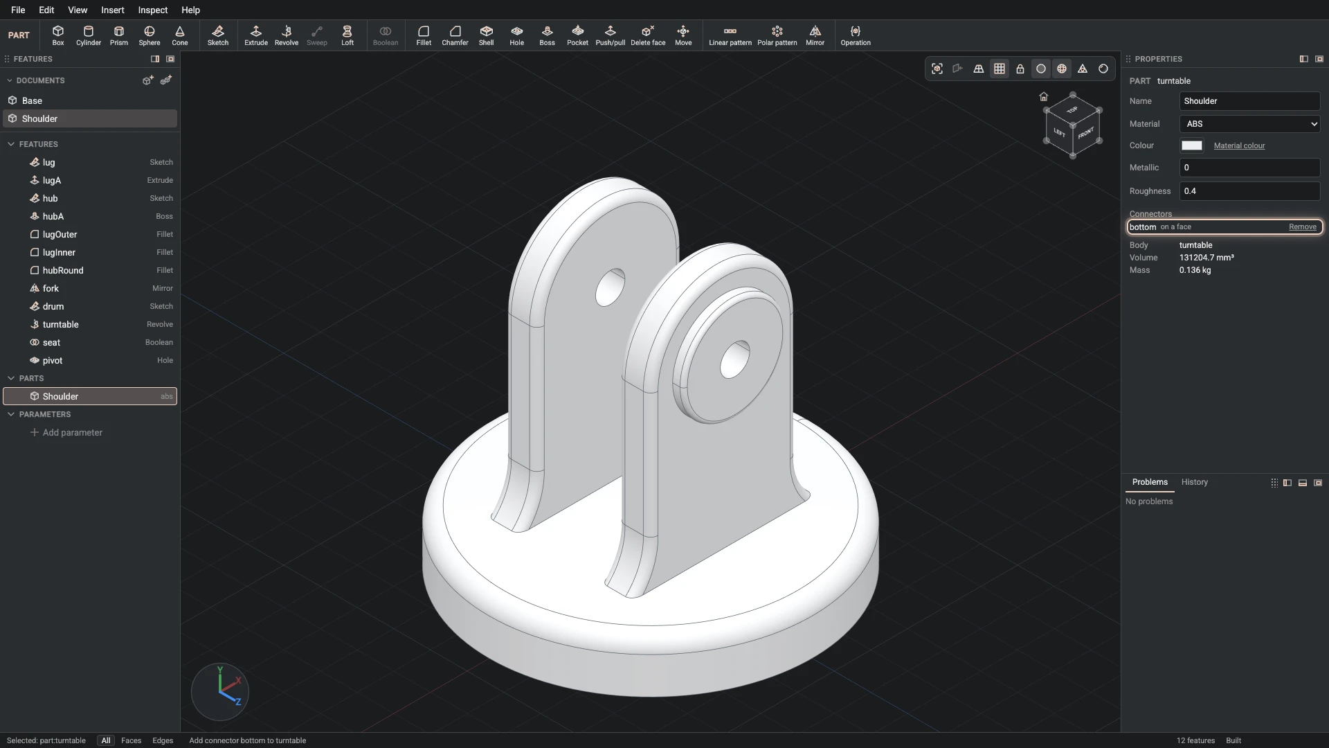 Model a desk robot arm, step 22: Add connector made, and what it made selected in the panels