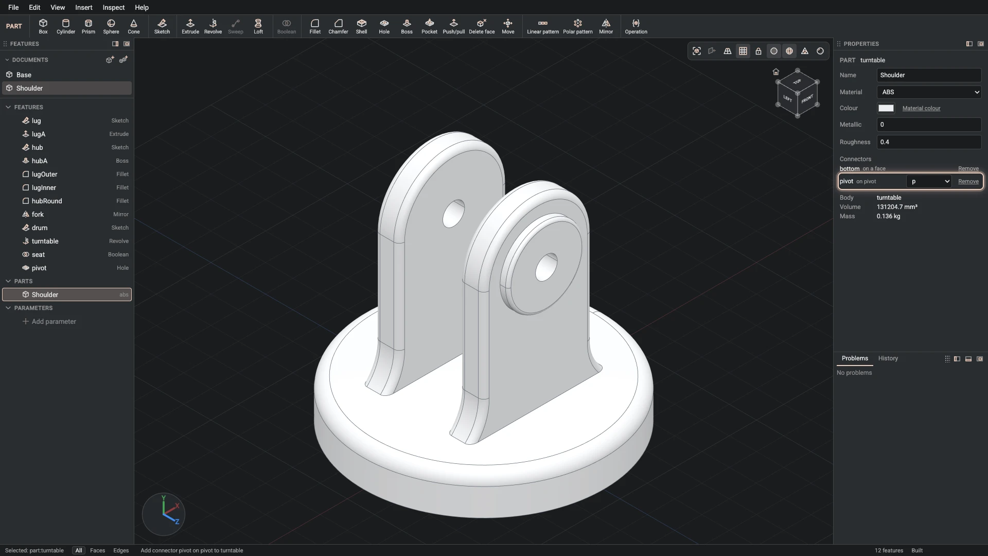 Model a desk robot arm, step 23: Add connector made, and what it made selected in the panels