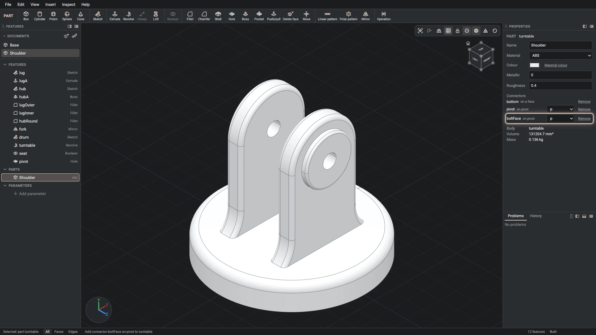 Model a desk robot arm, step 24: Add connector made, and what it made selected in the panels