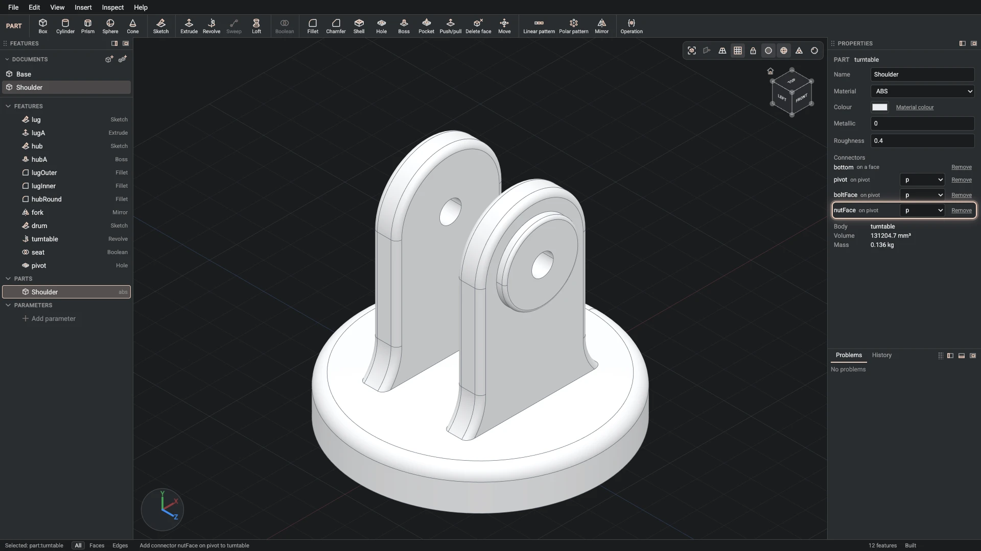 Model a desk robot arm, step 25: Add connector made, and what it made selected in the panels