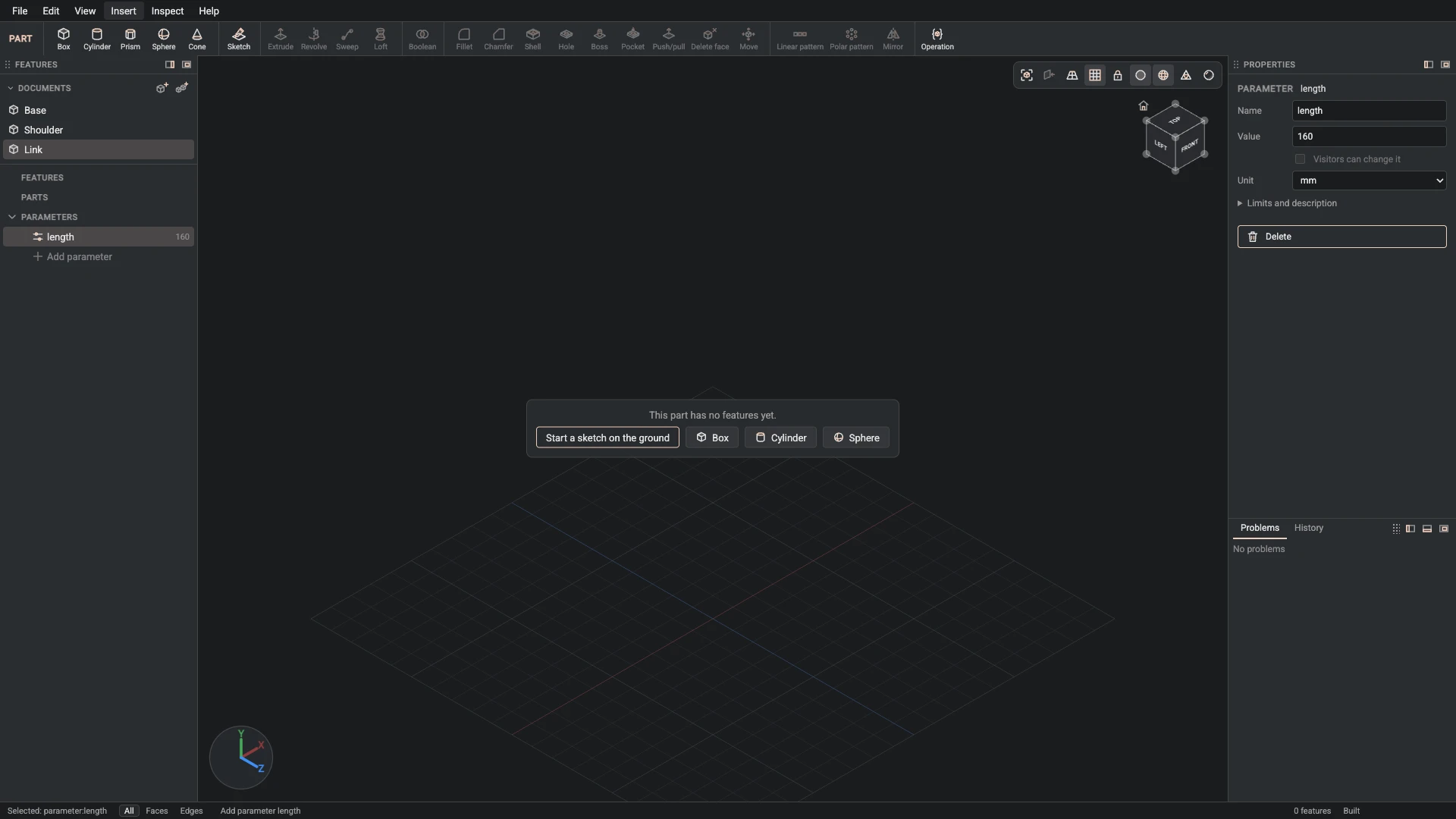 Model a desk robot arm, step 27: Parameter made, and what it made selected in the panels