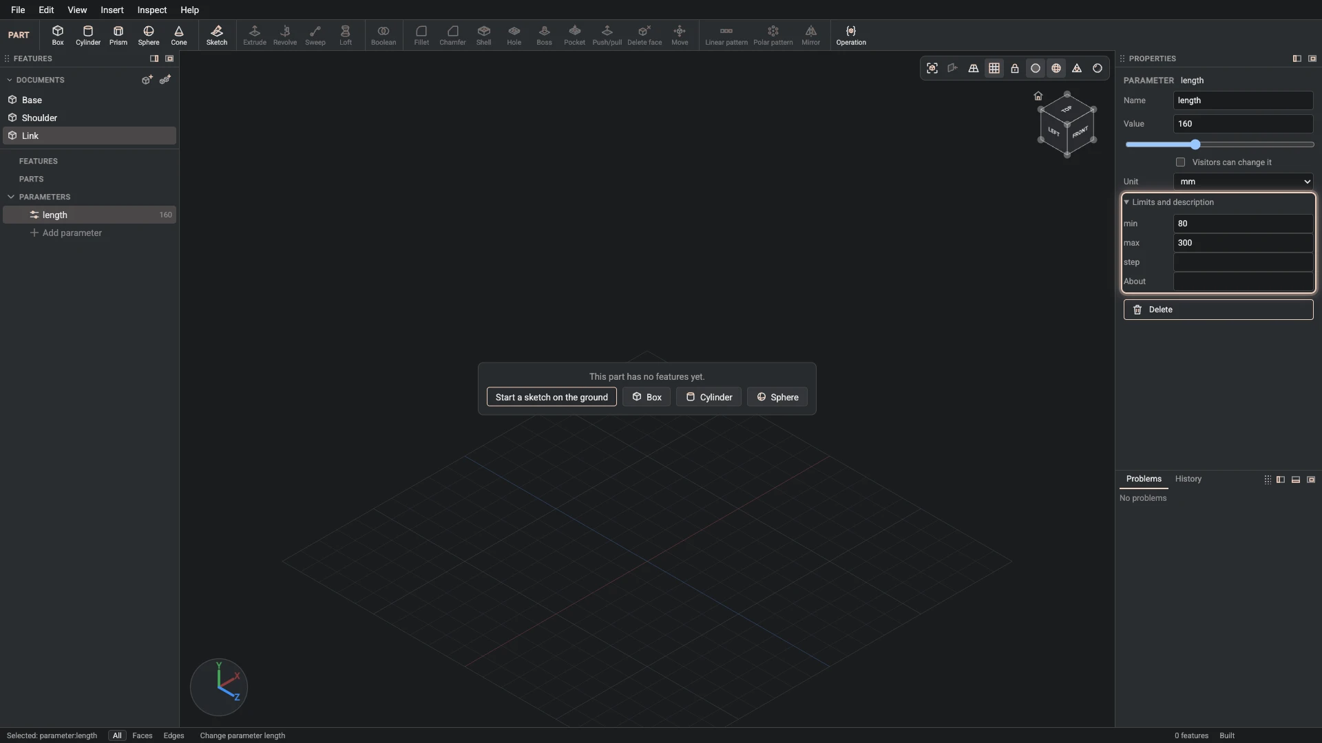 Model a desk robot arm, step 28: Change parameter made, and what it made selected in the panels