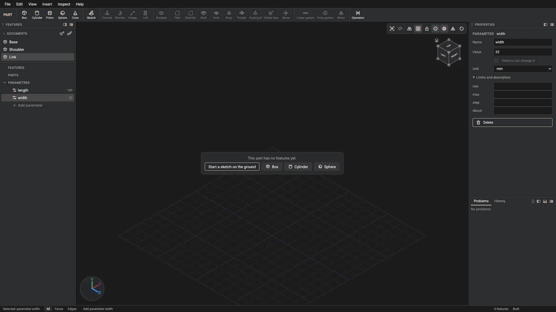 Model a desk robot arm, step 29: Parameter made, and what it made selected in the panels