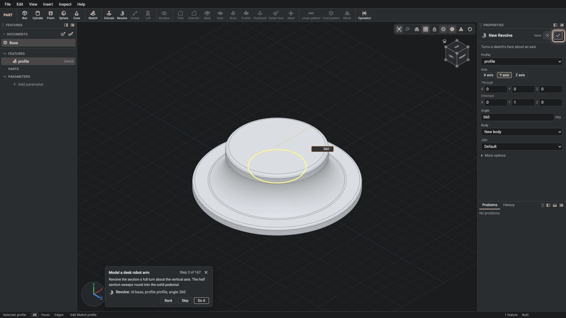 Model a desk robot arm, step 3: the Revolve dialog filled in with the step's values, the tutorial card beside it ringing OK