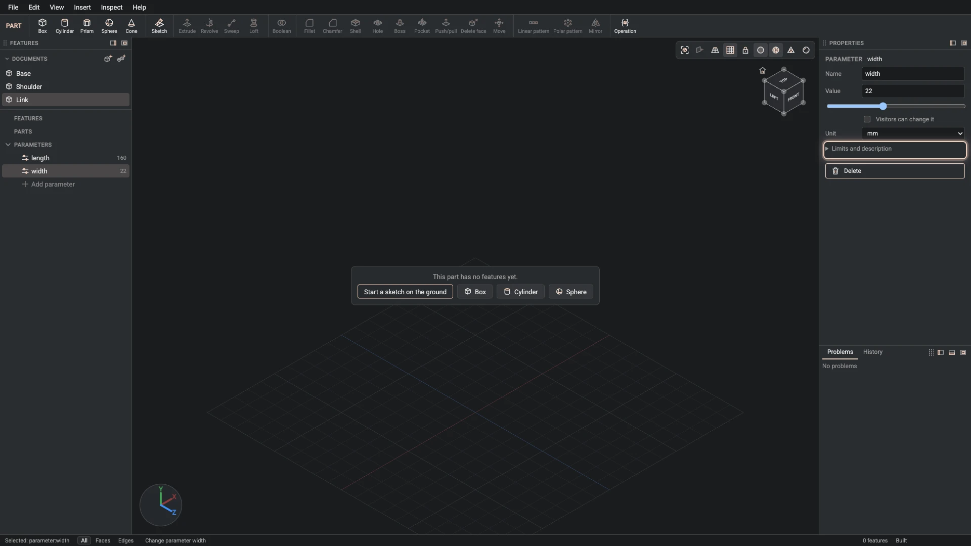 Model a desk robot arm, step 30: Change parameter made, and what it made selected in the panels