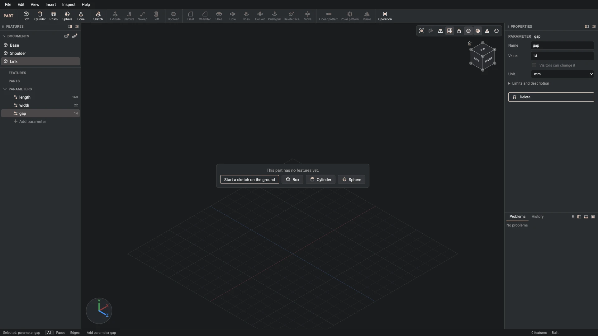 Model a desk robot arm, step 31: Parameter made, and what it made selected in the panels