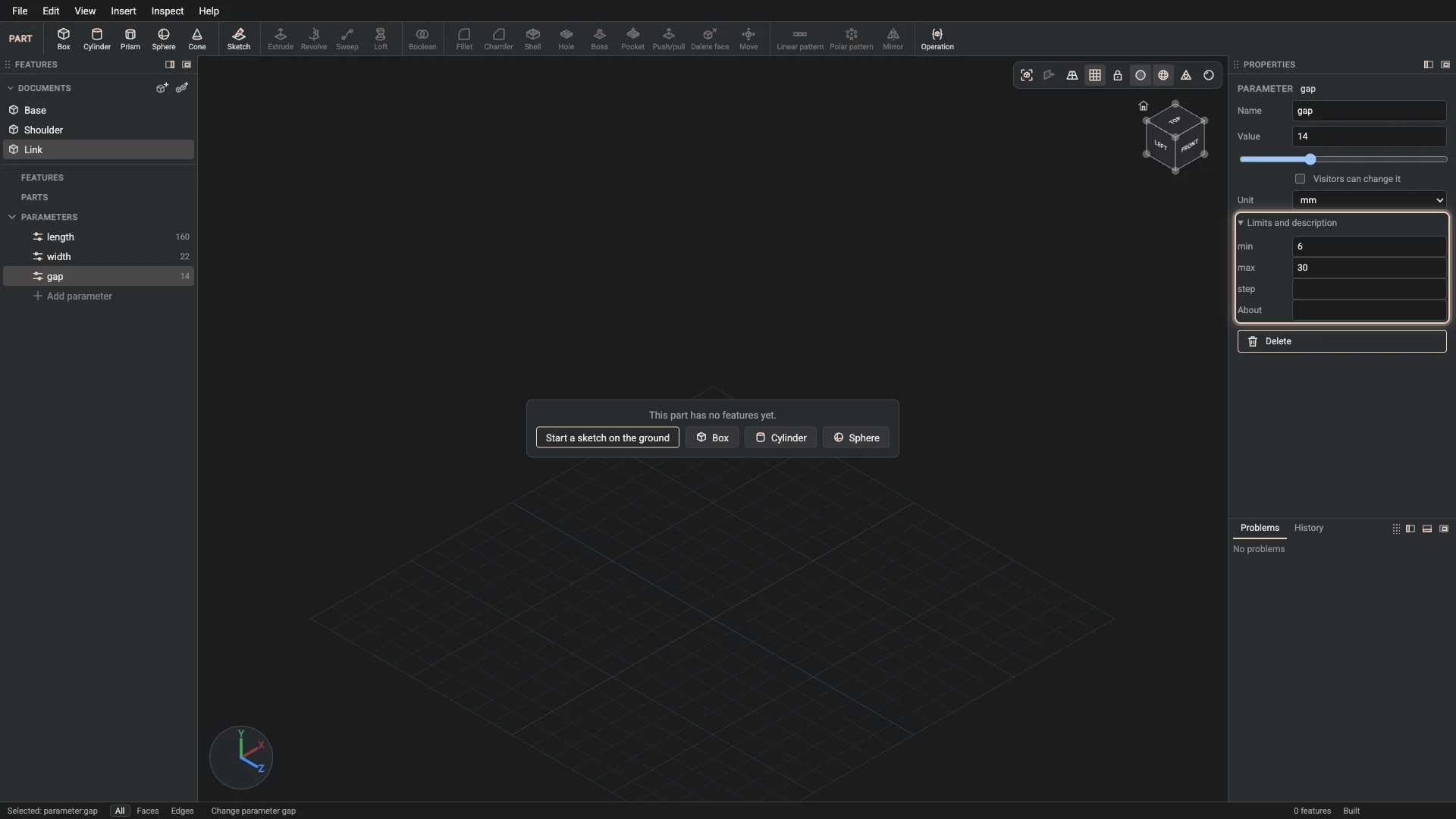 Model a desk robot arm, step 32: Change parameter made, and what it made selected in the panels