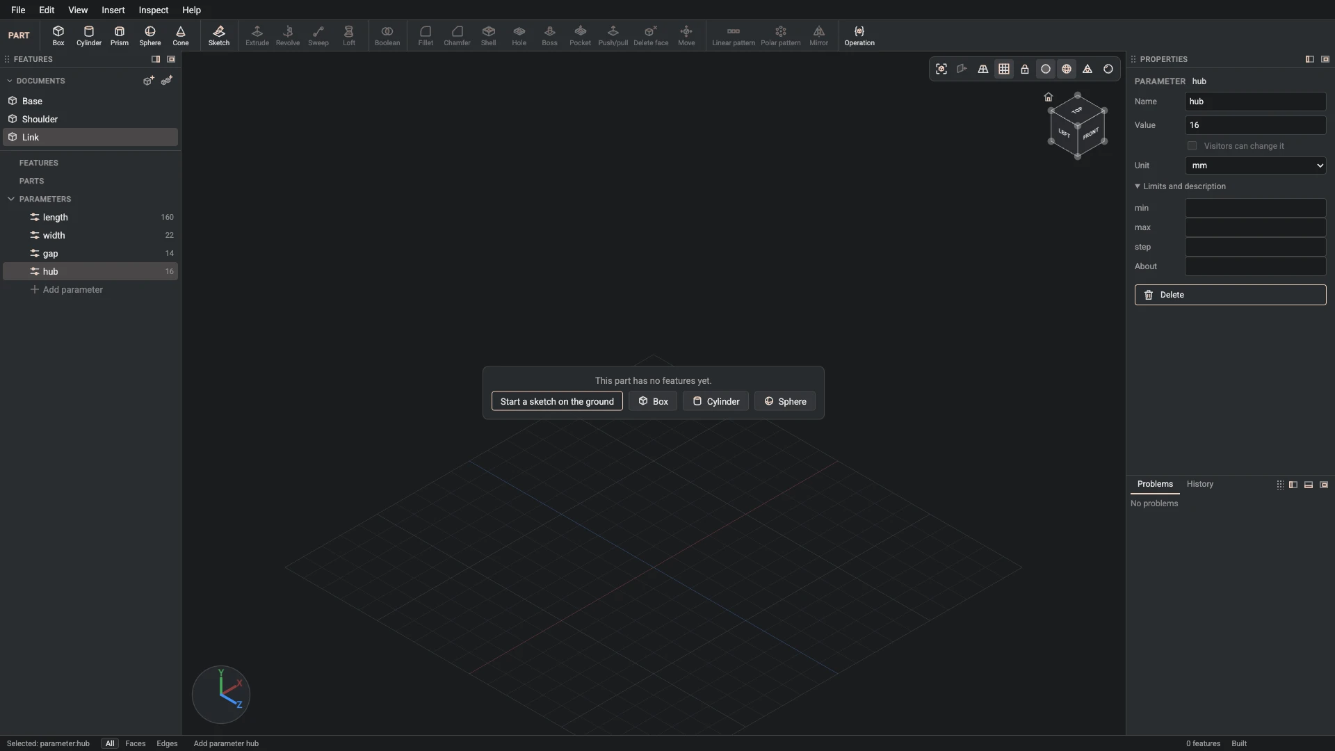 Model a desk robot arm, step 33: Parameter made, and what it made selected in the panels