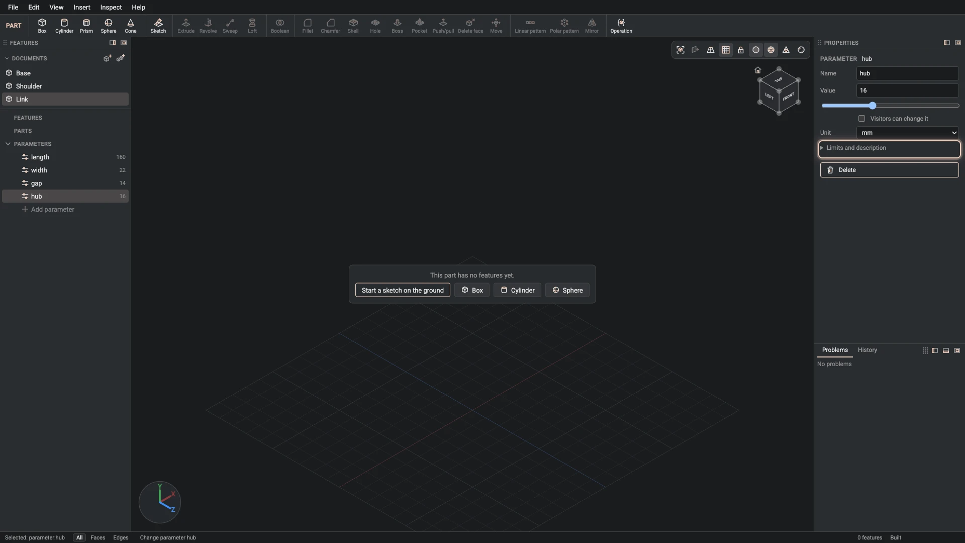 Model a desk robot arm, step 34: Change parameter made, and what it made selected in the panels