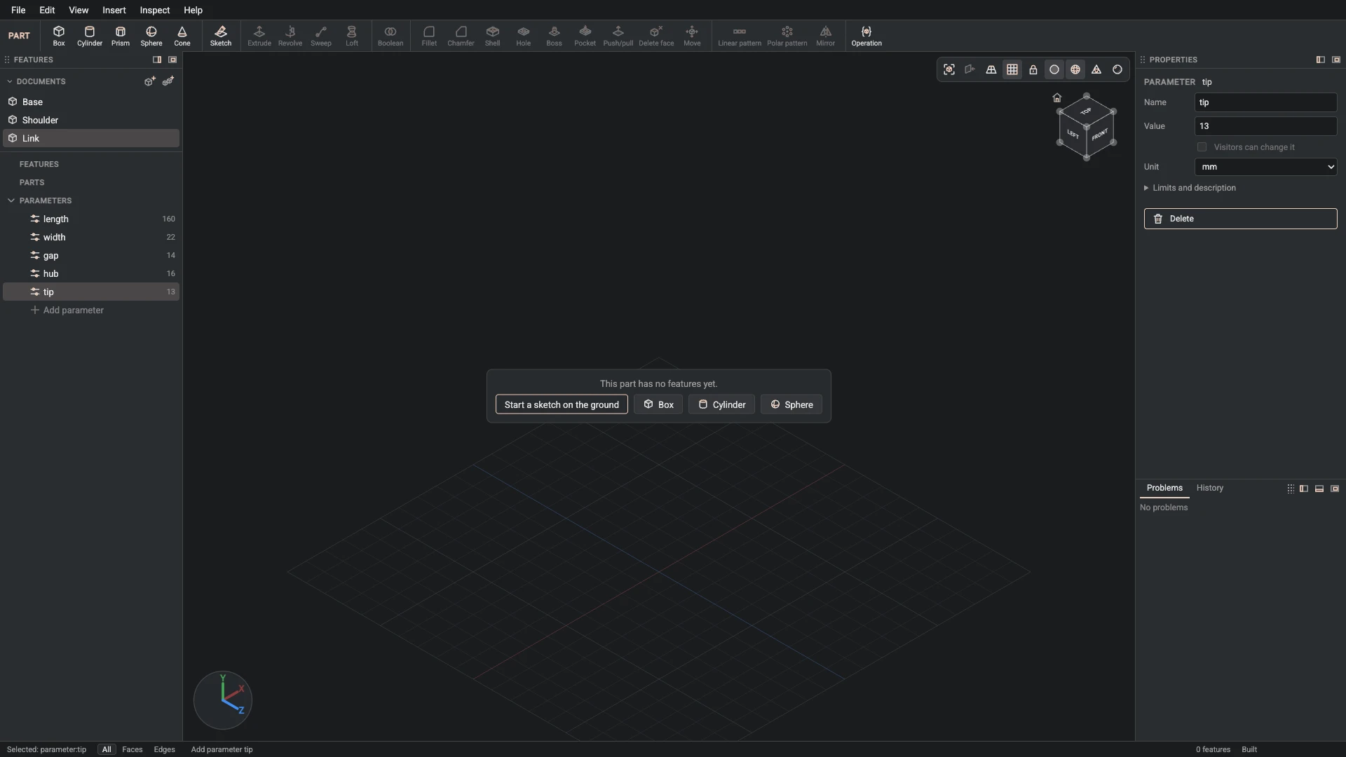 Model a desk robot arm, step 35: Parameter made, and what it made selected in the panels