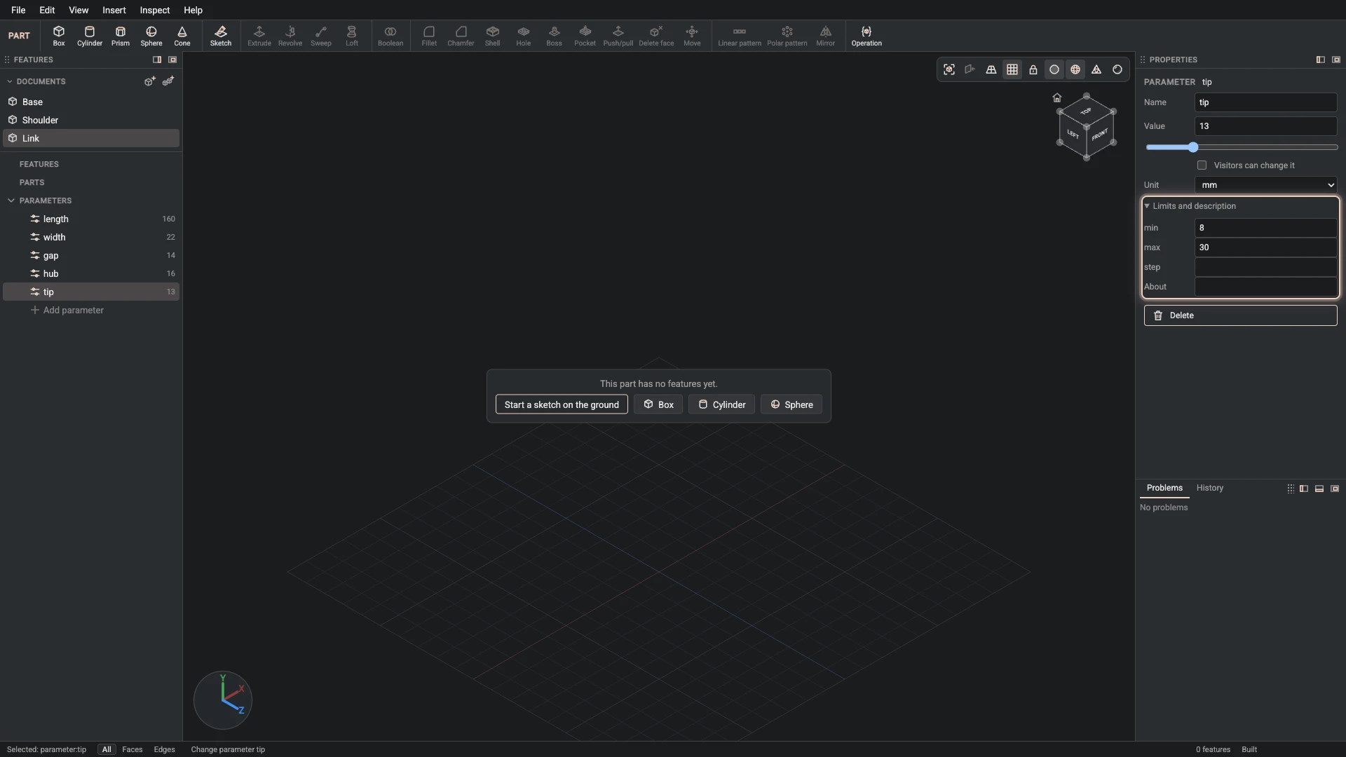 Model a desk robot arm, step 36: Change parameter made, and what it made selected in the panels