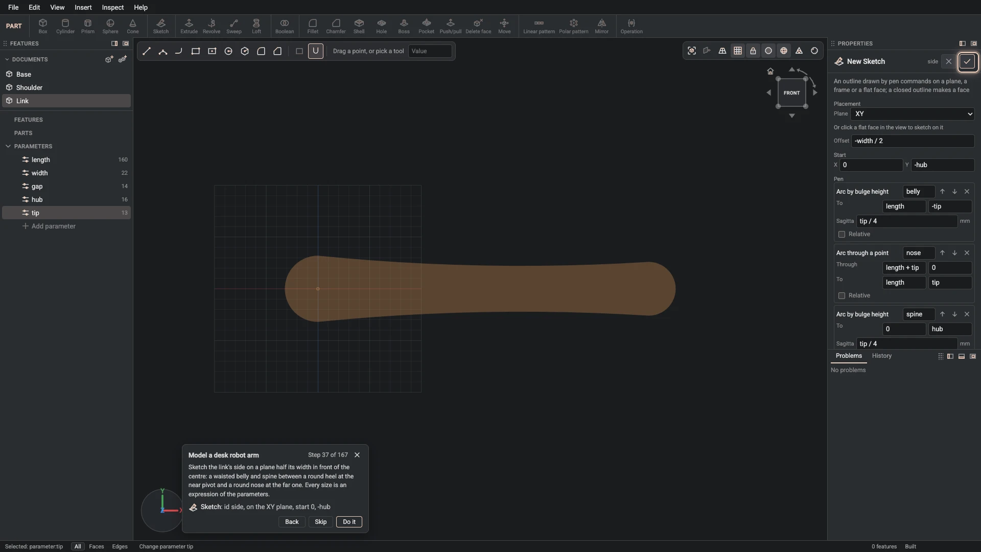 Model a desk robot arm, step 37: the Sketch dialog filled in with the step's values, the tutorial card beside it ringing OK