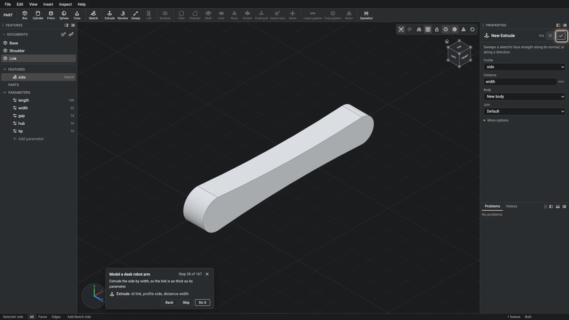 Model a desk robot arm, step 38: the Extrude dialog filled in with the step's values, the tutorial card beside it ringing OK