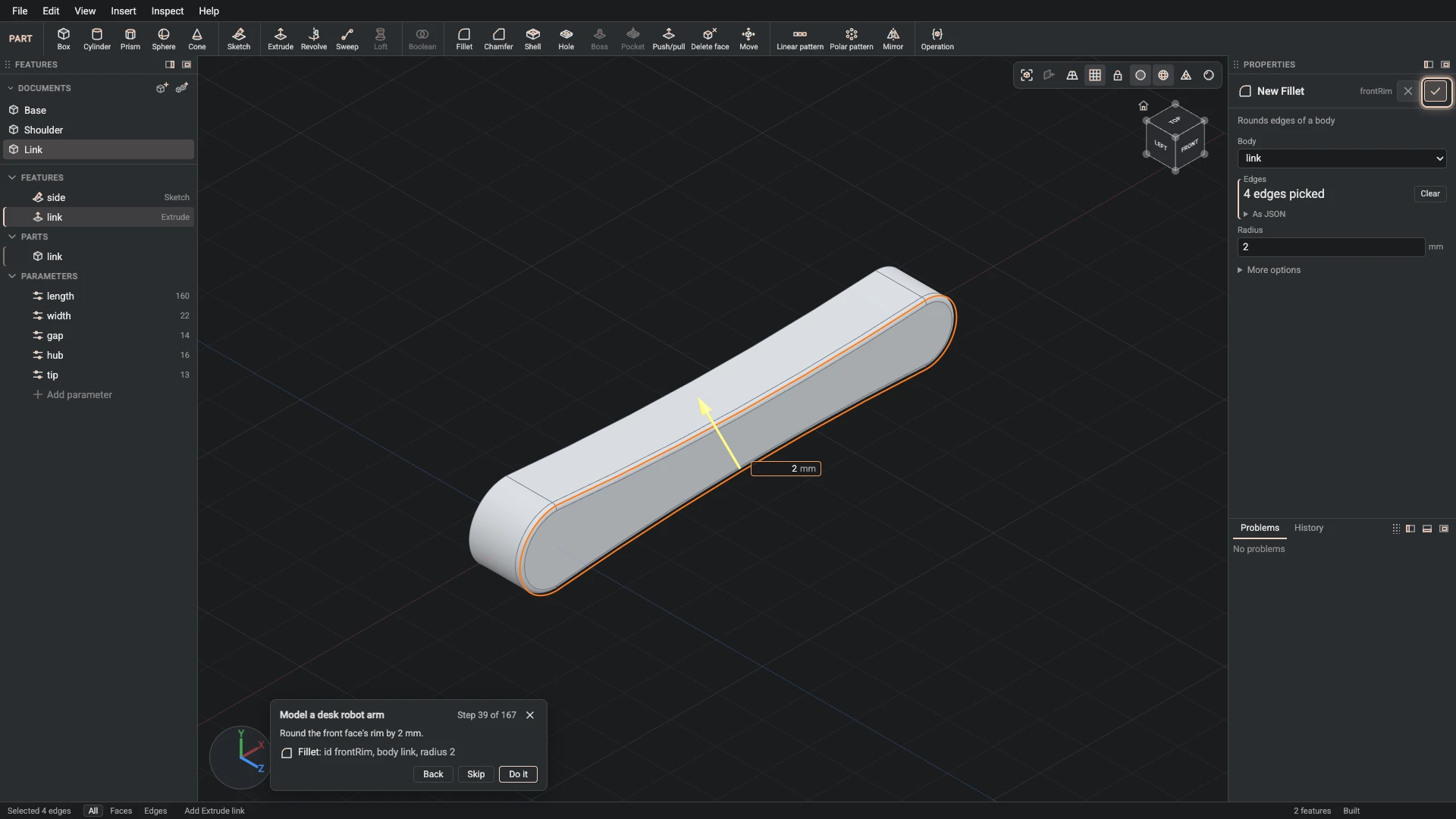 Model a desk robot arm, step 39: the Fillet dialog filled in with the step's values, the tutorial card beside it ringing OK