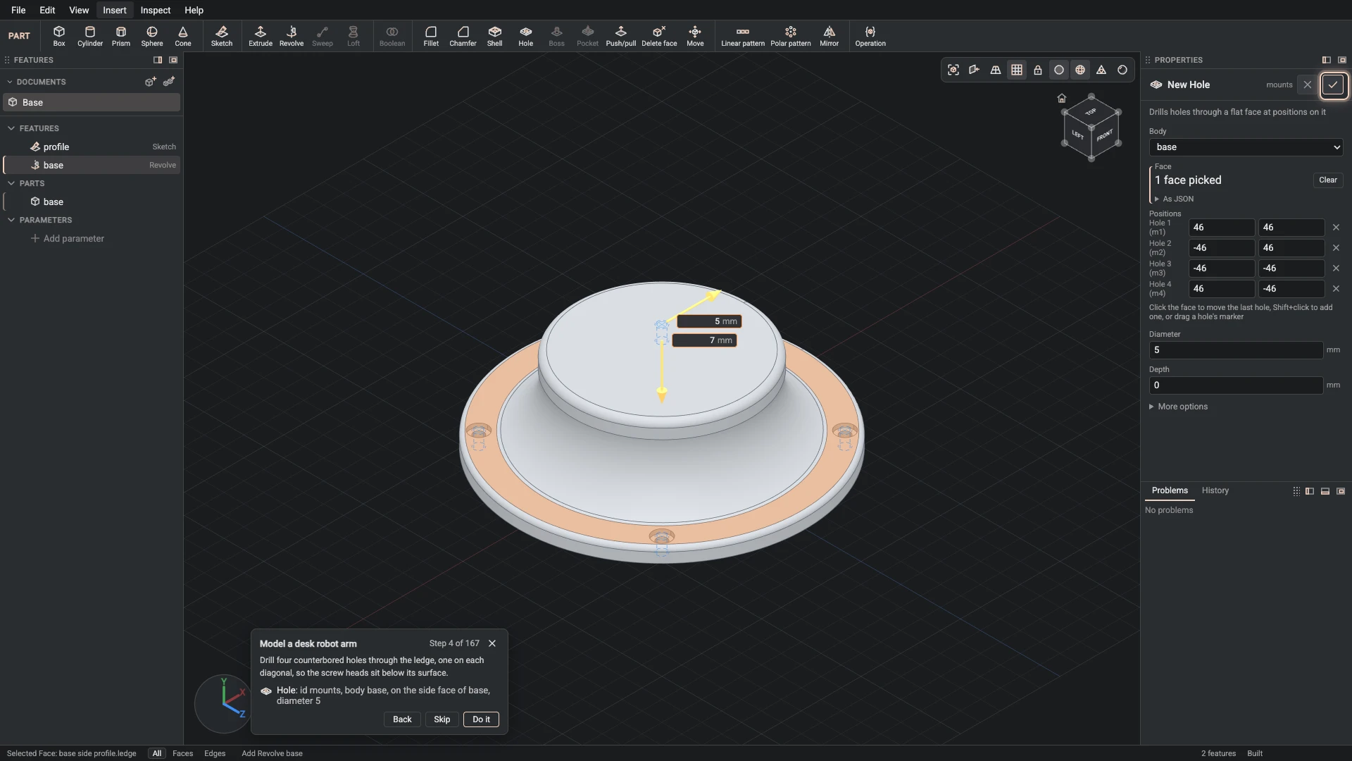 Model a desk robot arm, step 4: the Hole dialog filled in with the step's values, the tutorial card beside it ringing OK