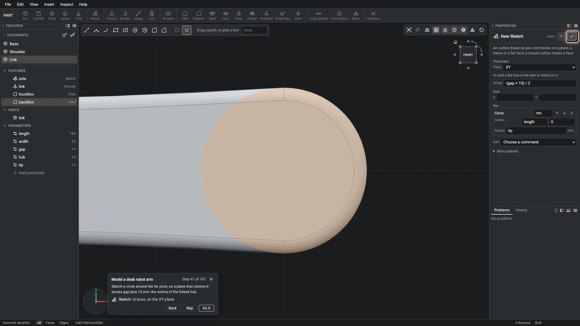 Model a desk robot arm, step 41: the Sketch dialog filled in with the step's values, the tutorial card beside it ringing OK
