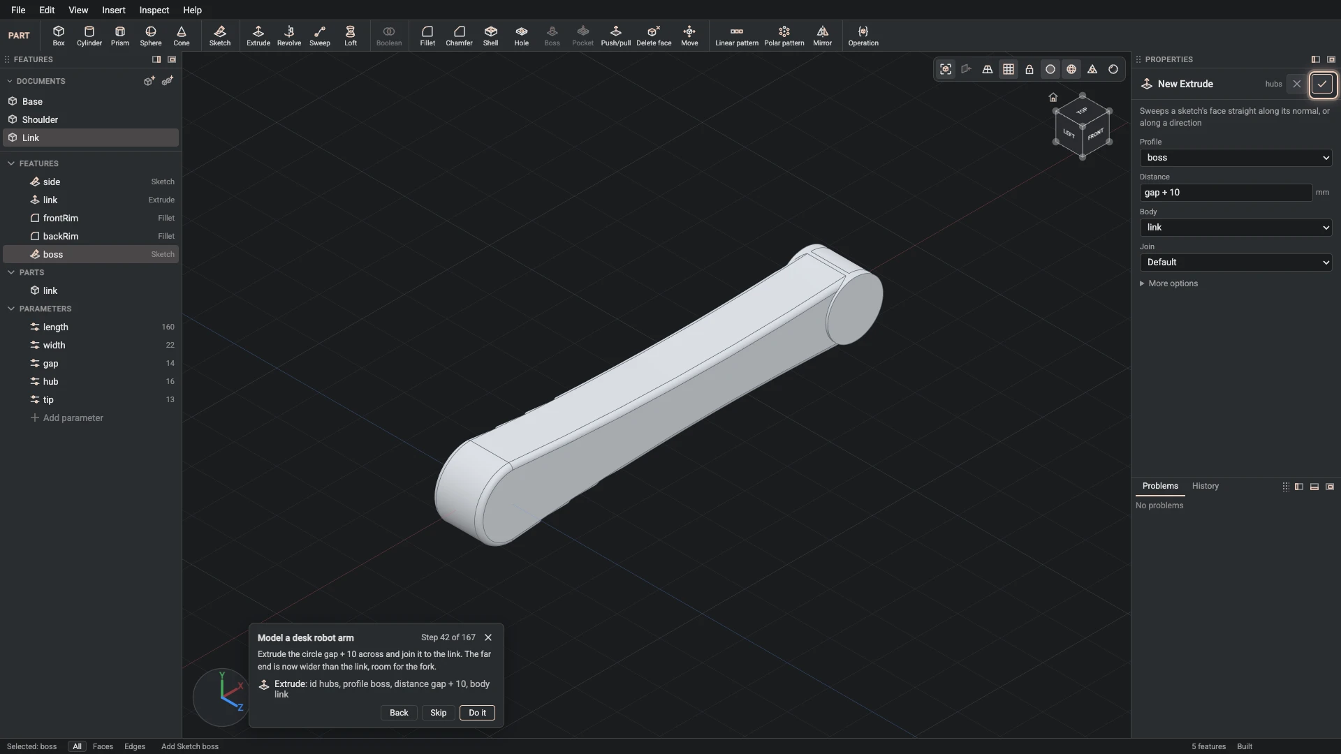 Model a desk robot arm, step 42: the Extrude dialog filled in with the step's values, the tutorial card beside it ringing OK