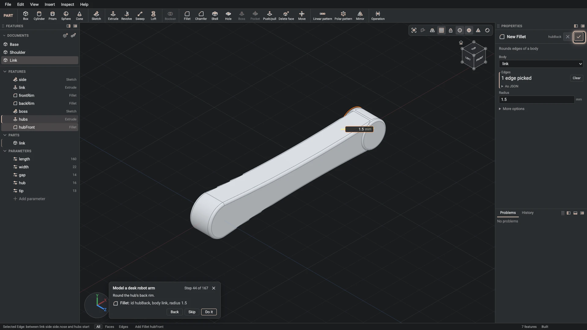 Model a desk robot arm, step 44: the Fillet dialog filled in with the step's values, the tutorial card beside it ringing OK