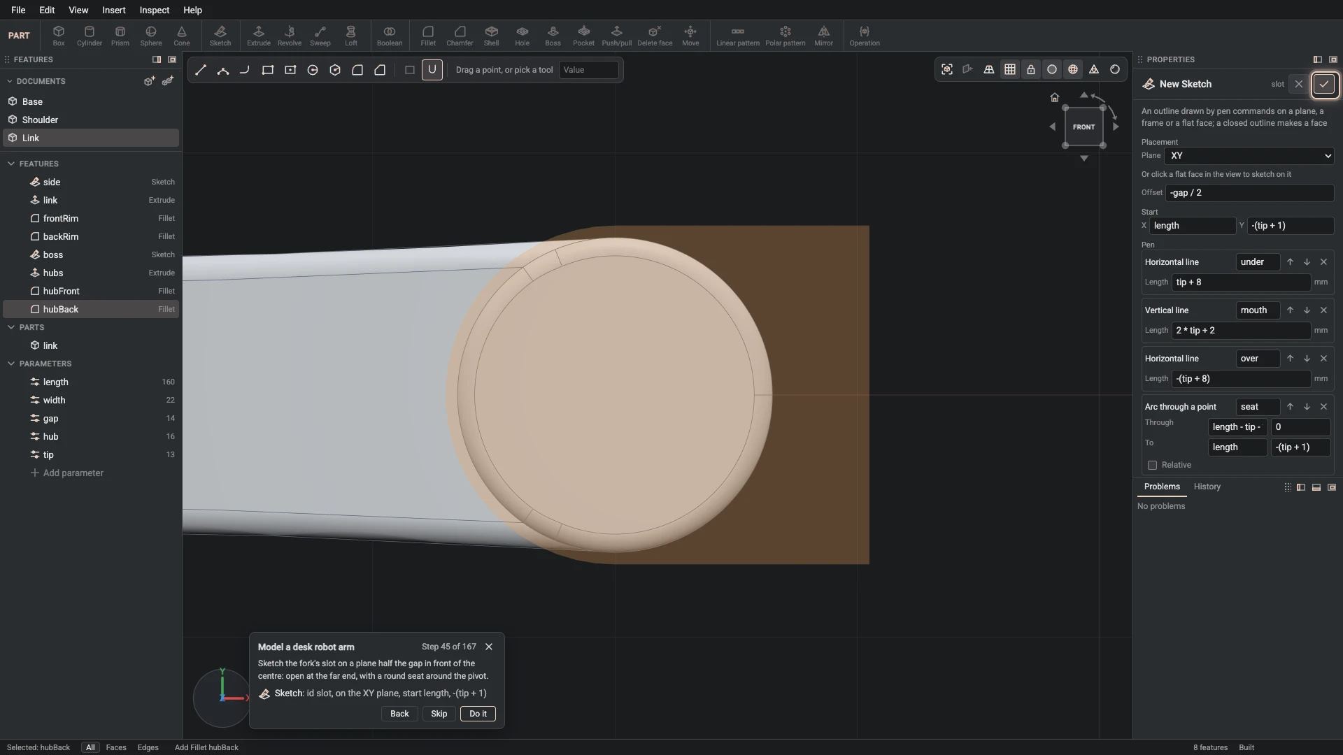 Model a desk robot arm, step 45: the Sketch dialog filled in with the step's values, the tutorial card beside it ringing OK