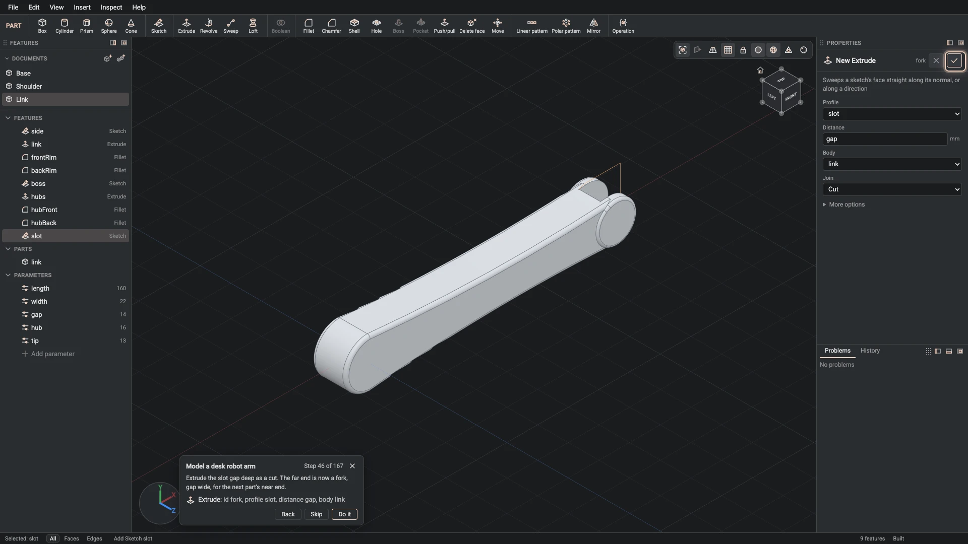 Model a desk robot arm, step 46: the Extrude dialog filled in with the step's values, the tutorial card beside it ringing OK
