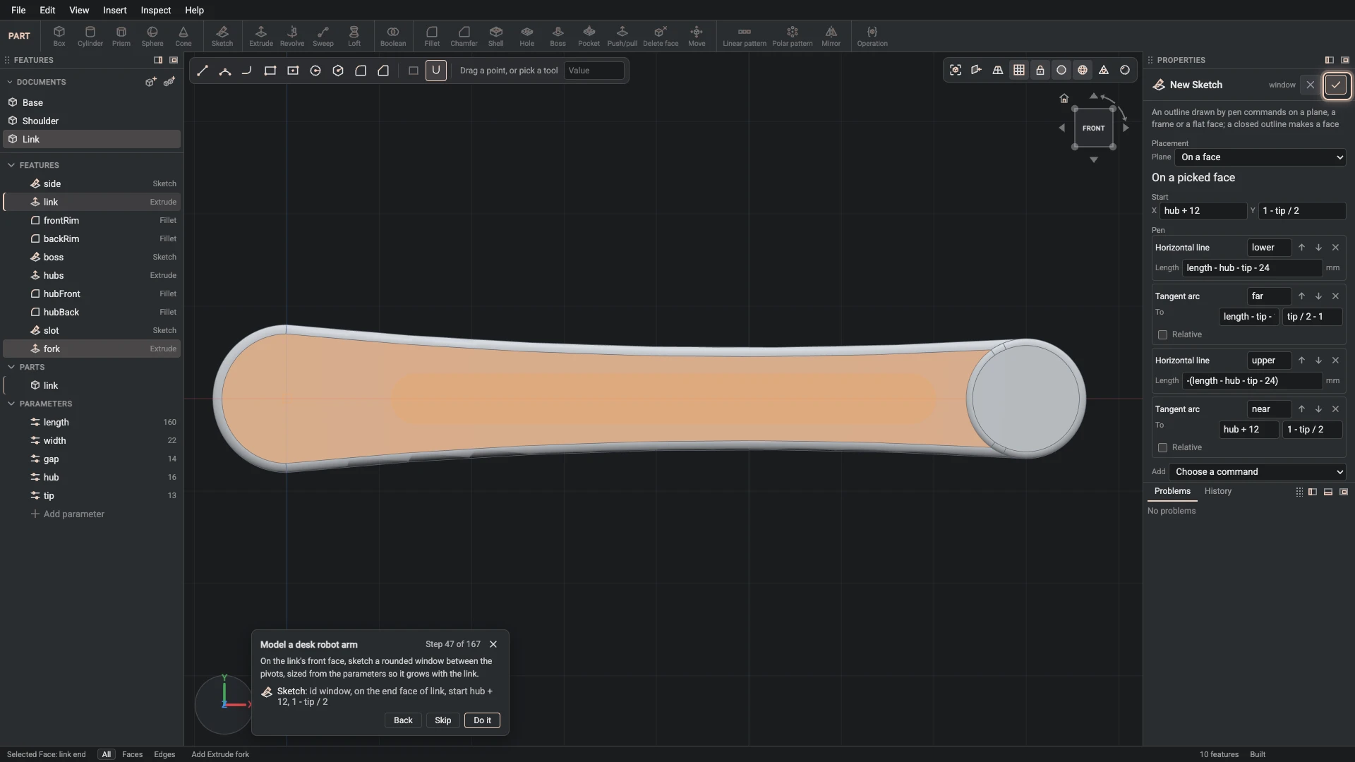Model a desk robot arm, step 47: the Sketch dialog filled in with the step's values, the tutorial card beside it ringing OK