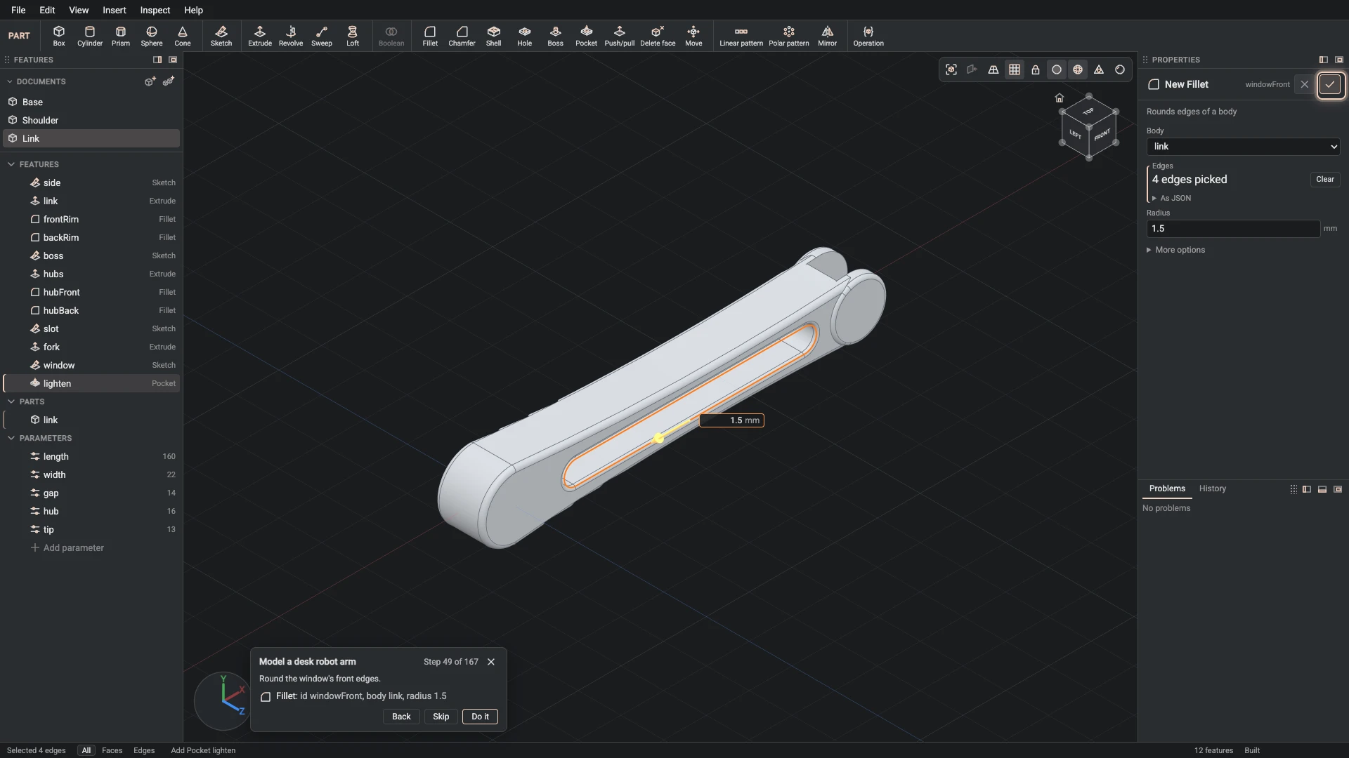 Model a desk robot arm, step 49: the Fillet dialog filled in with the step's values, the tutorial card beside it ringing OK