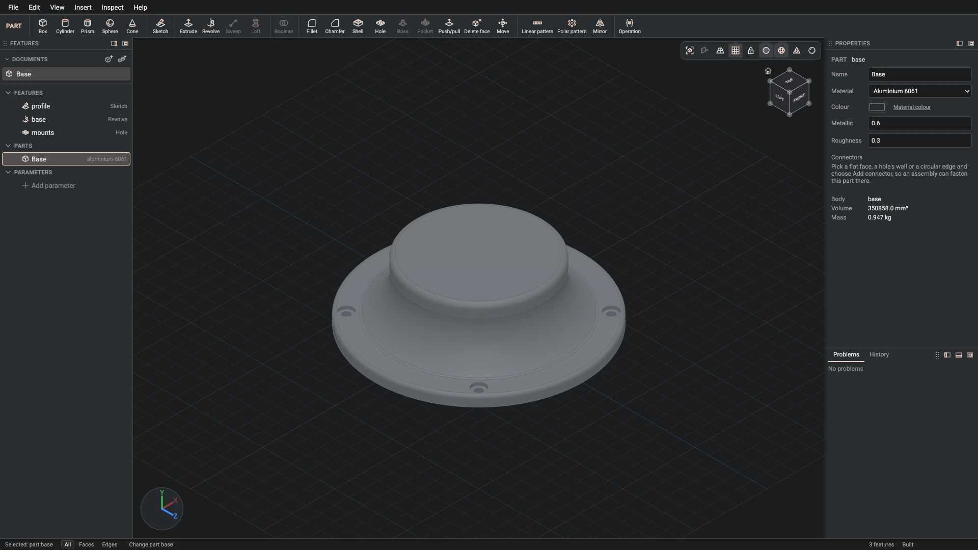 Model a desk robot arm, step 5: Part properties made, and what it made selected in the panels