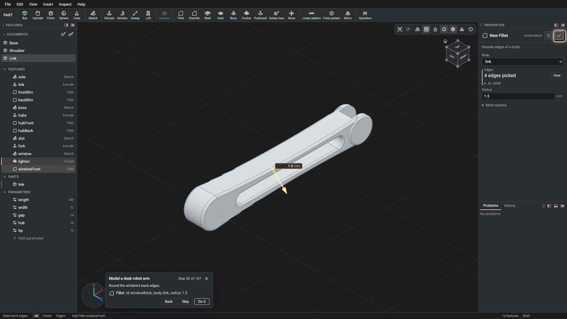 Model a desk robot arm, step 50: the Fillet dialog filled in with the step's values, the tutorial card beside it ringing OK