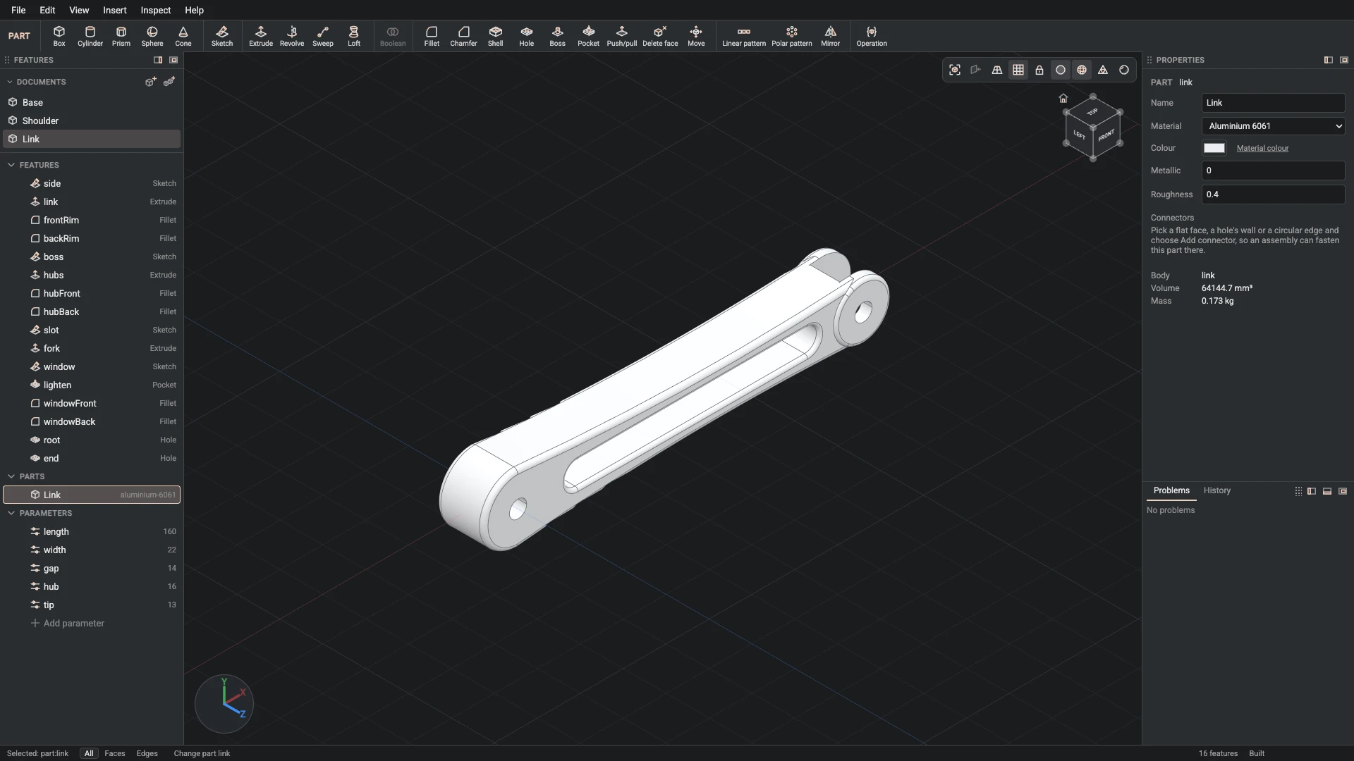 Model a desk robot arm, step 53: Part properties made, and what it made selected in the panels