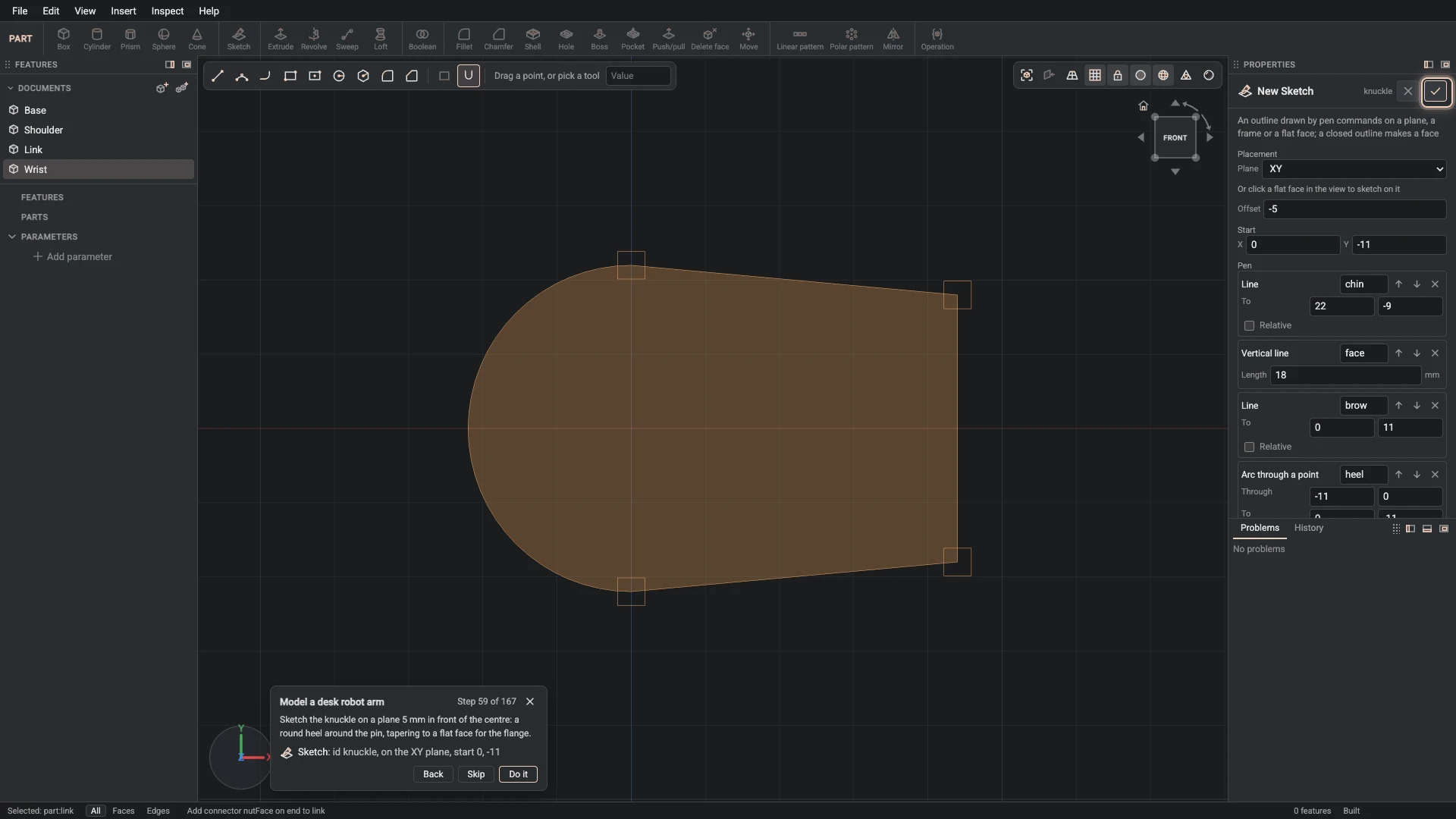 Model a desk robot arm, step 59: the Sketch dialog filled in with the step's values, the tutorial card beside it ringing OK