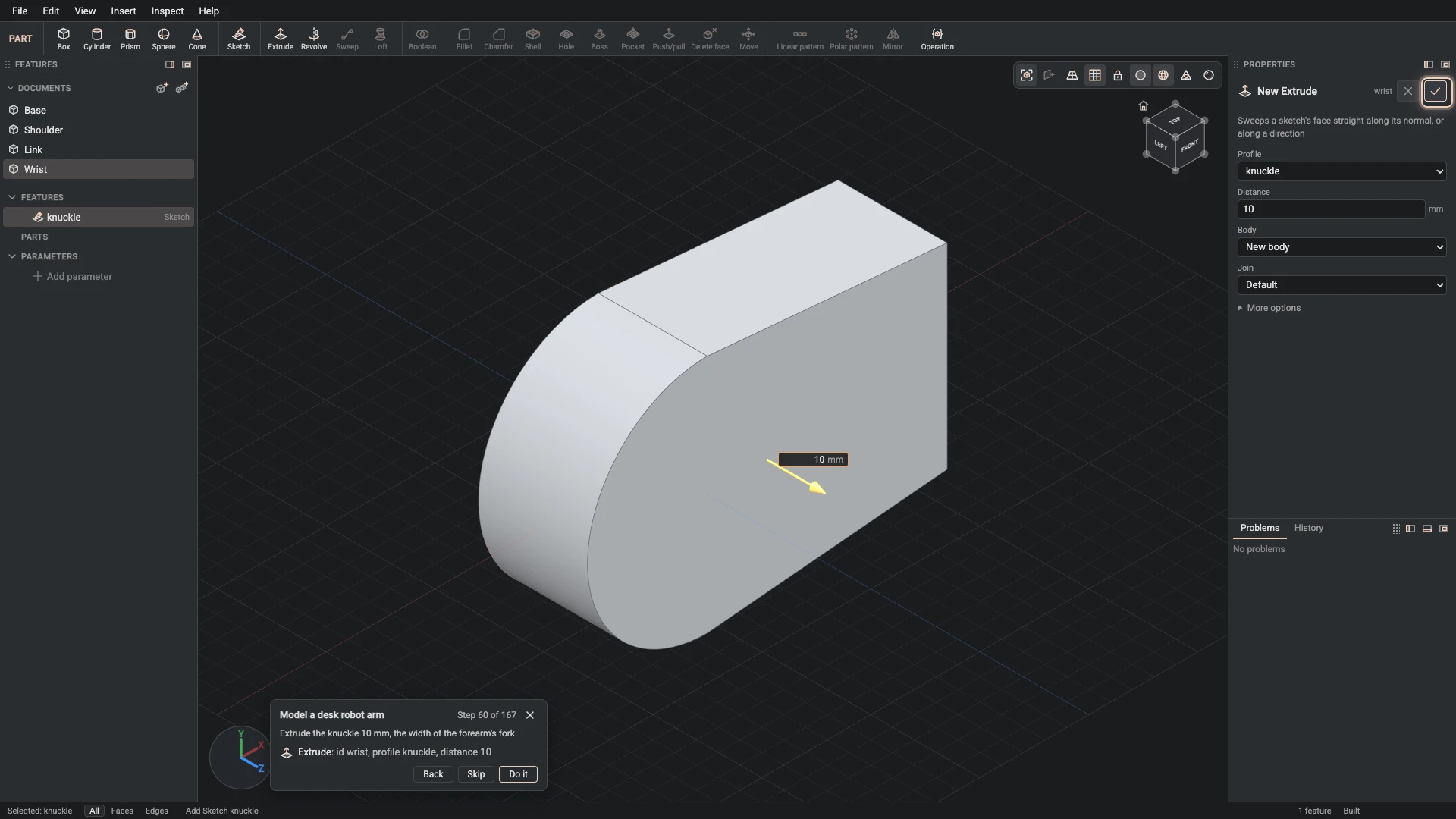 Model a desk robot arm, step 60: the Extrude dialog filled in with the step's values, the tutorial card beside it ringing OK