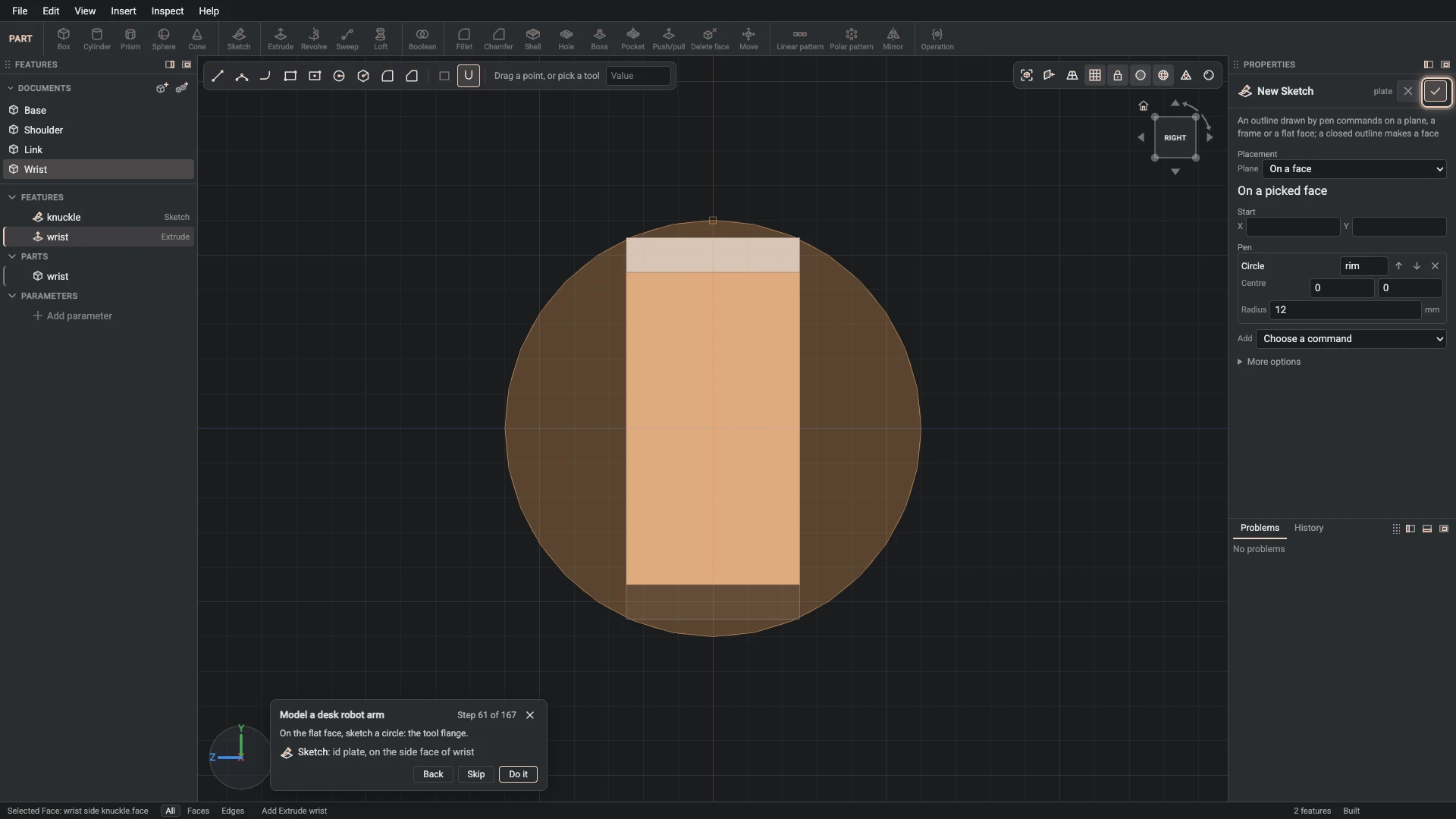 Model a desk robot arm, step 61: the Sketch dialog filled in with the step's values, the tutorial card beside it ringing OK