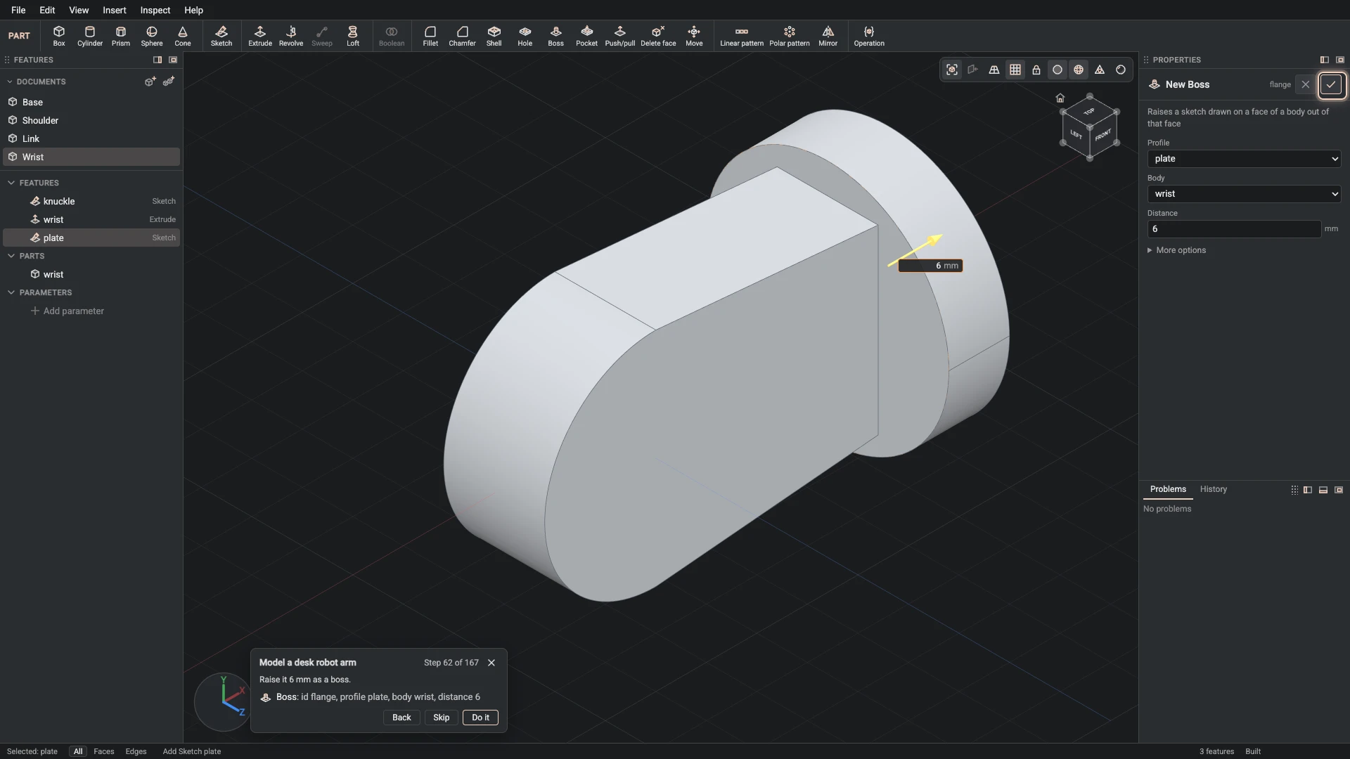 Model a desk robot arm, step 62: the Boss dialog filled in with the step's values, the tutorial card beside it ringing OK