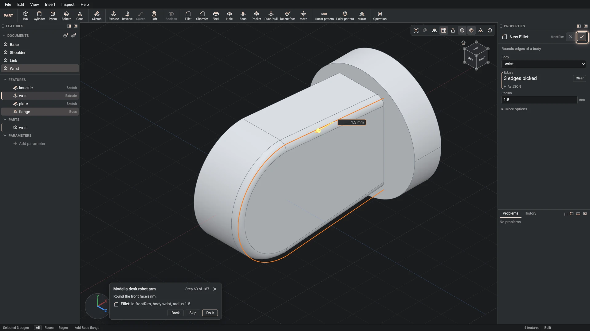 Model a desk robot arm, step 63: the Fillet dialog filled in with the step's values, the tutorial card beside it ringing OK