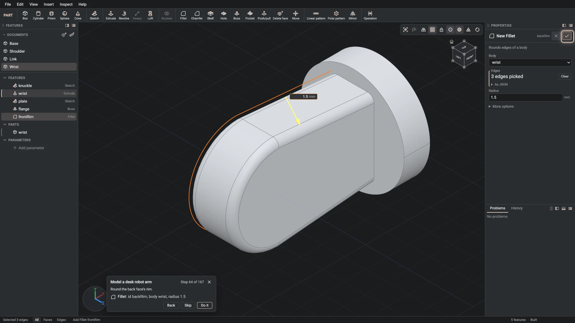 Model a desk robot arm, step 64: the Fillet dialog filled in with the step's values, the tutorial card beside it ringing OK