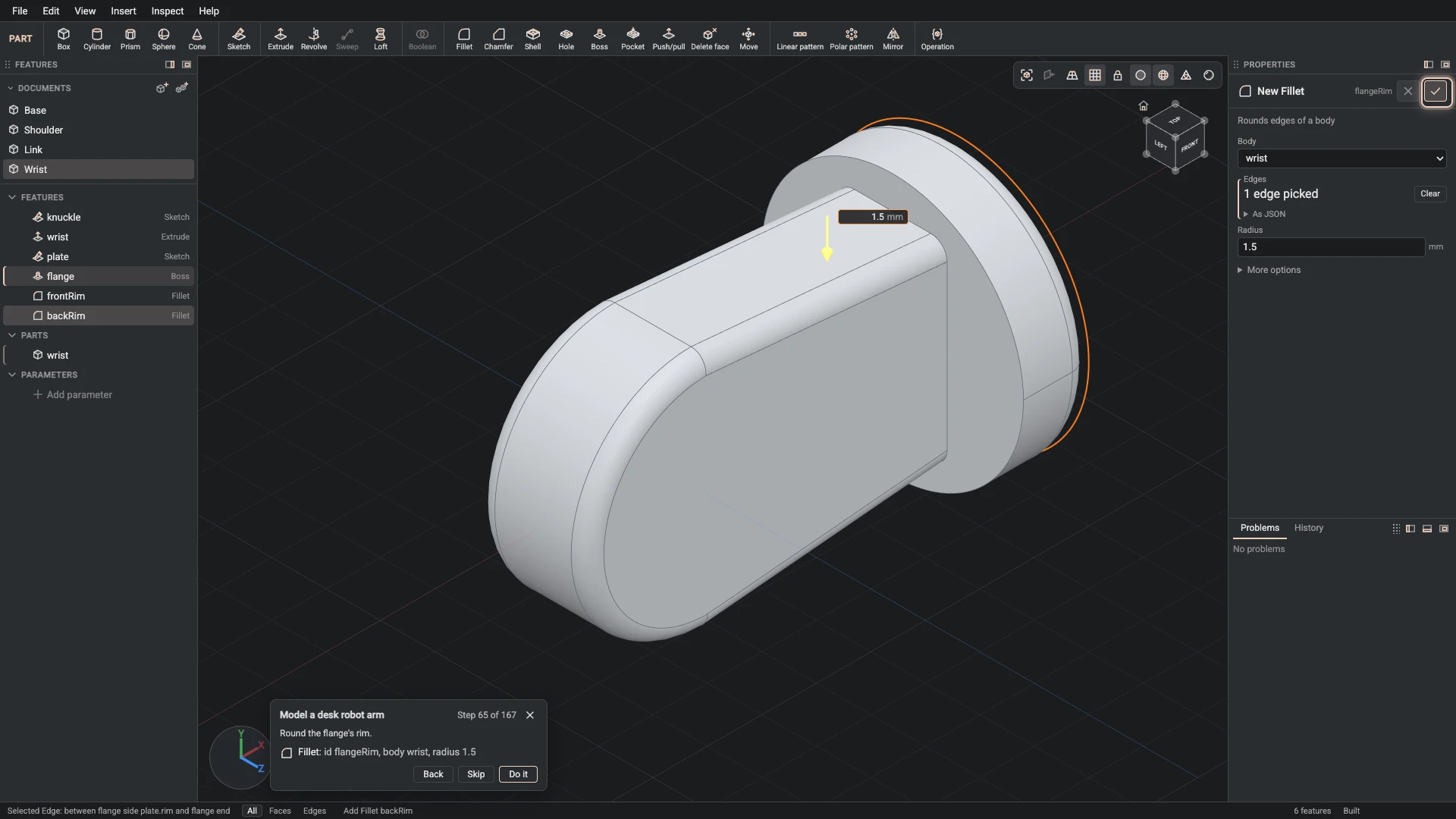 Model a desk robot arm, step 65: the Fillet dialog filled in with the step's values, the tutorial card beside it ringing OK