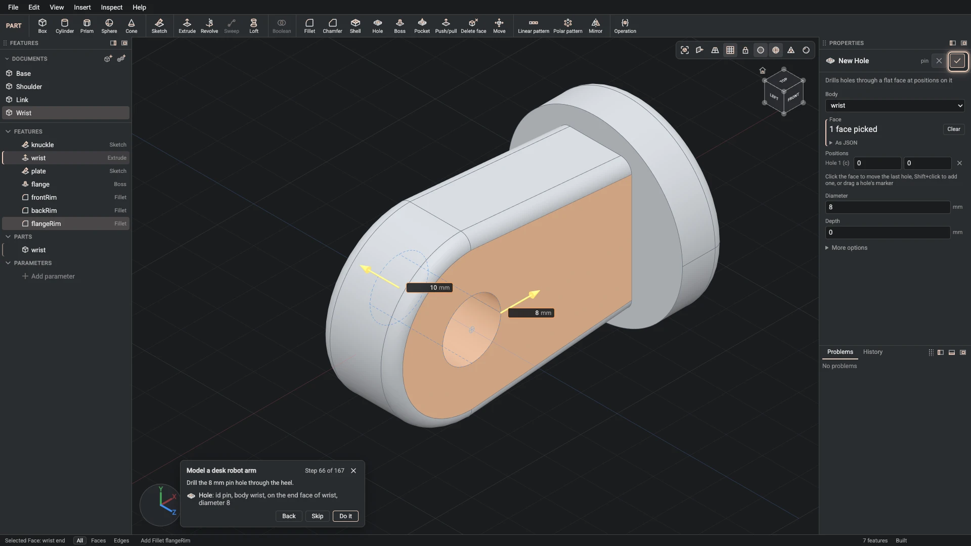 Model a desk robot arm, step 66: the Hole dialog filled in with the step's values, the tutorial card beside it ringing OK