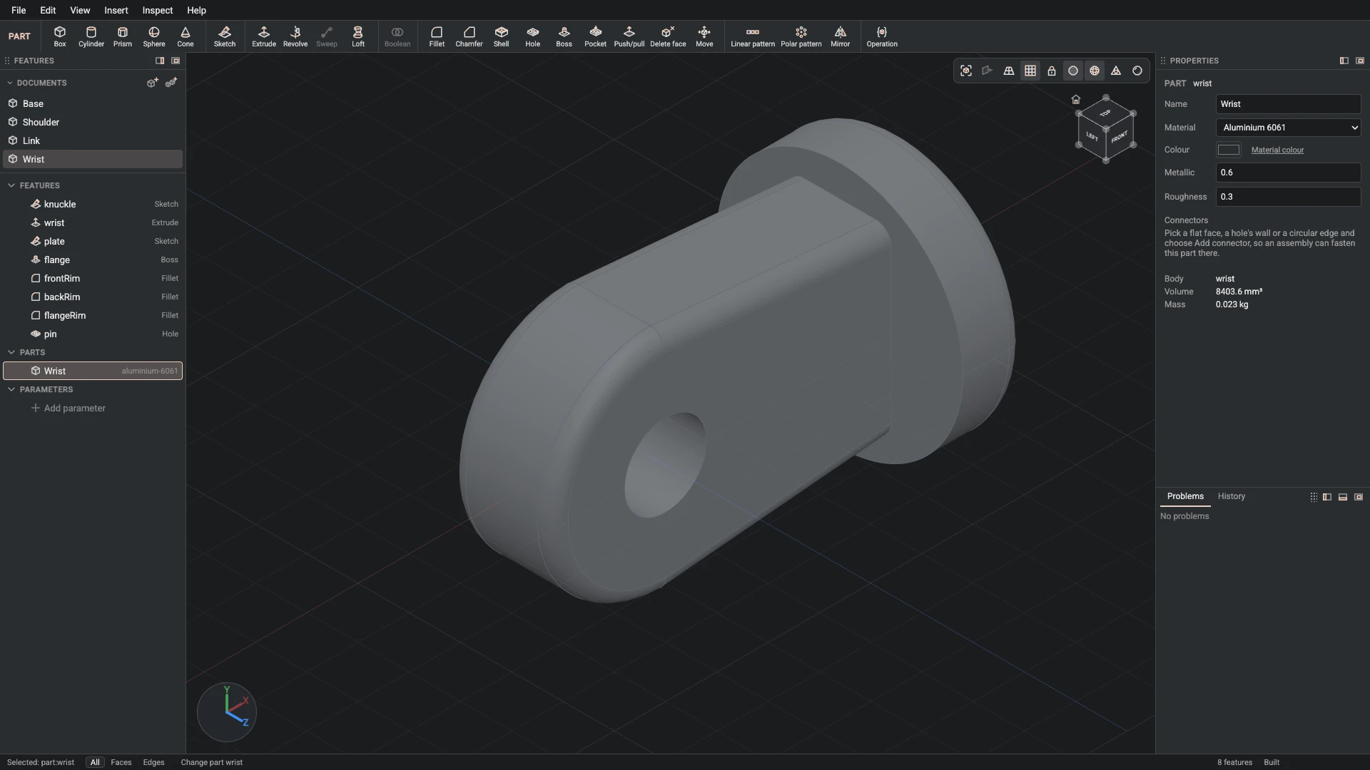 Model a desk robot arm, step 67: Part properties made, and what it made selected in the panels