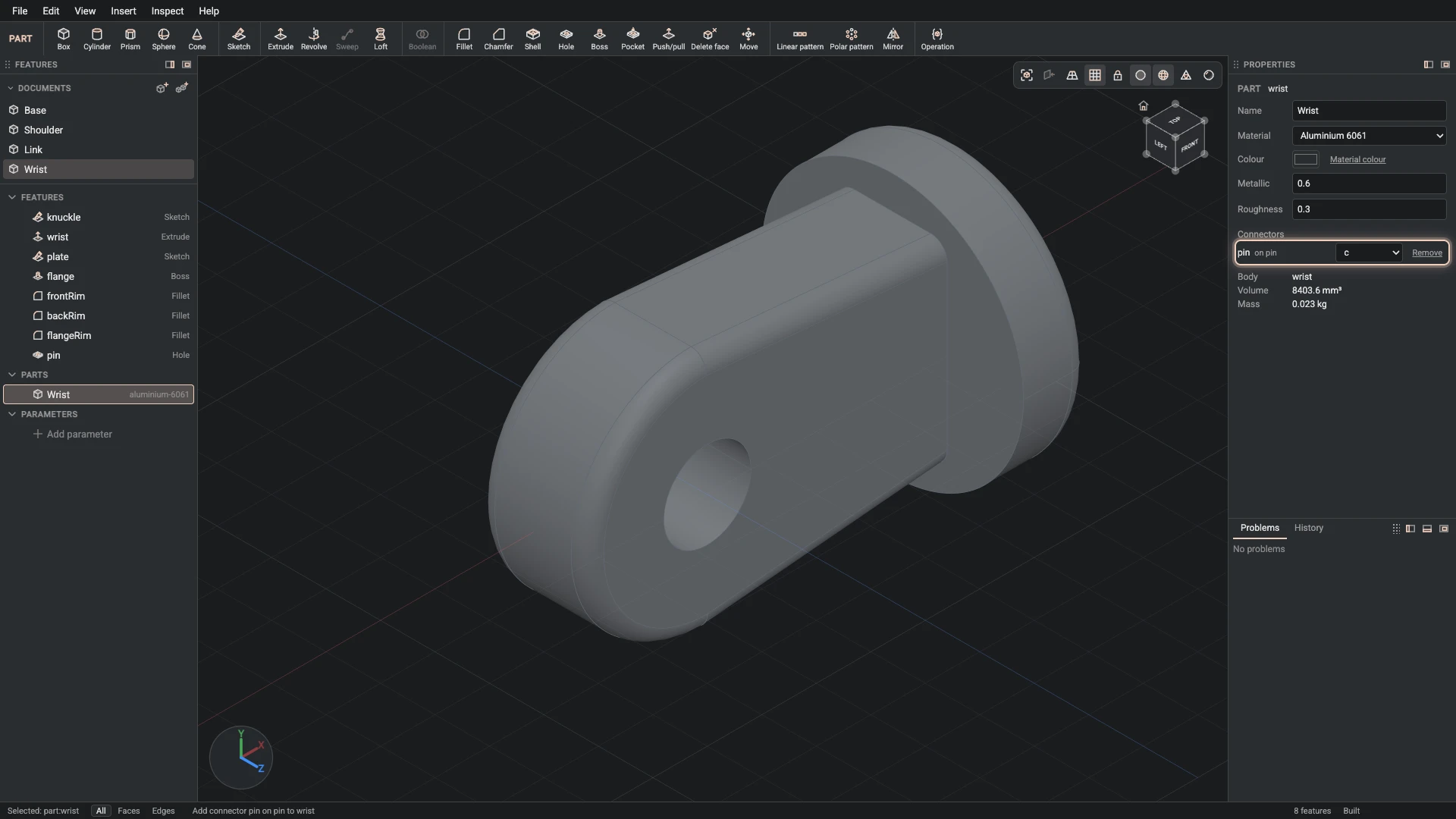 Model a desk robot arm, step 68: Add connector made, and what it made selected in the panels