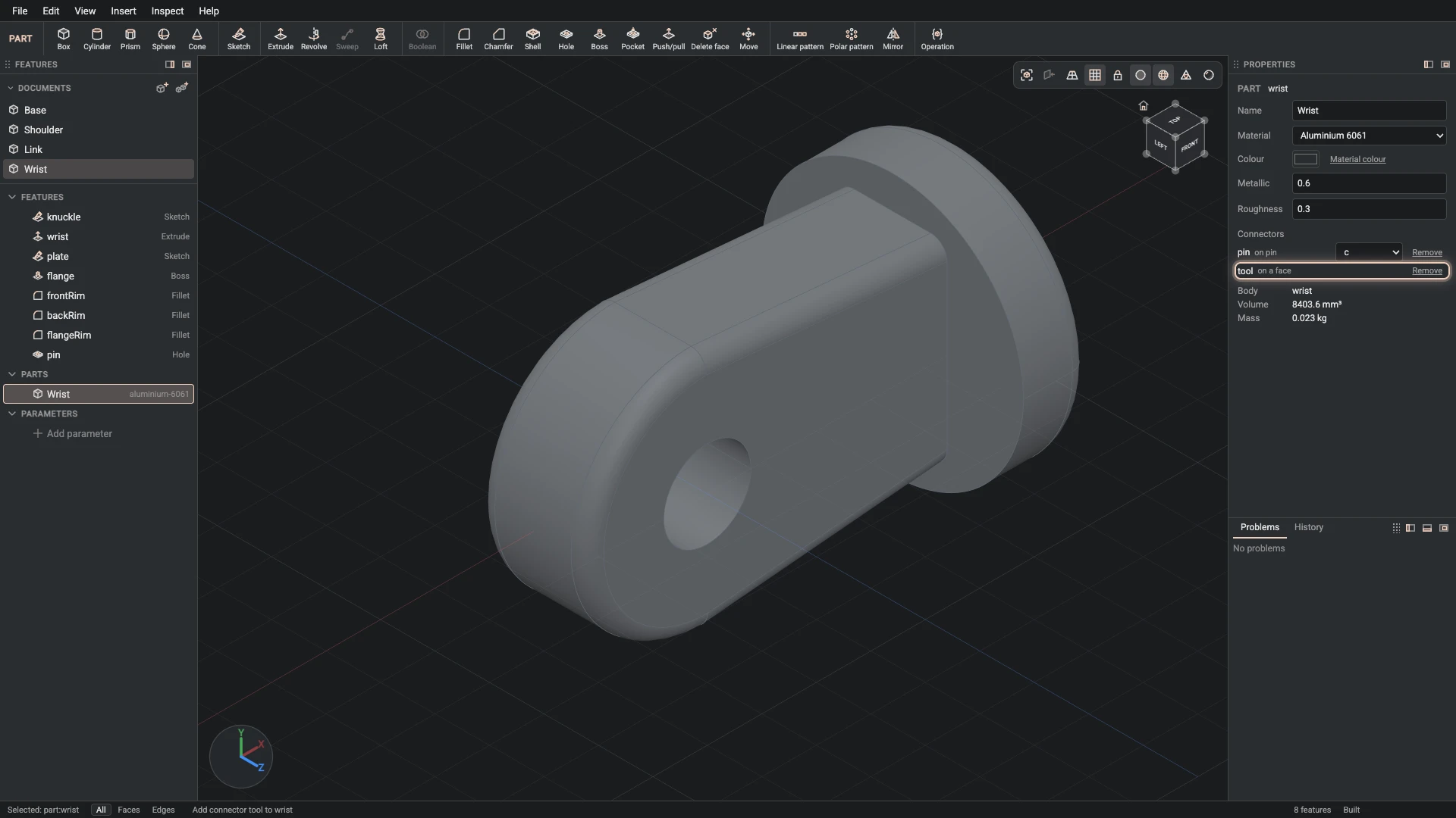 Model a desk robot arm, step 69: Add connector made, and what it made selected in the panels